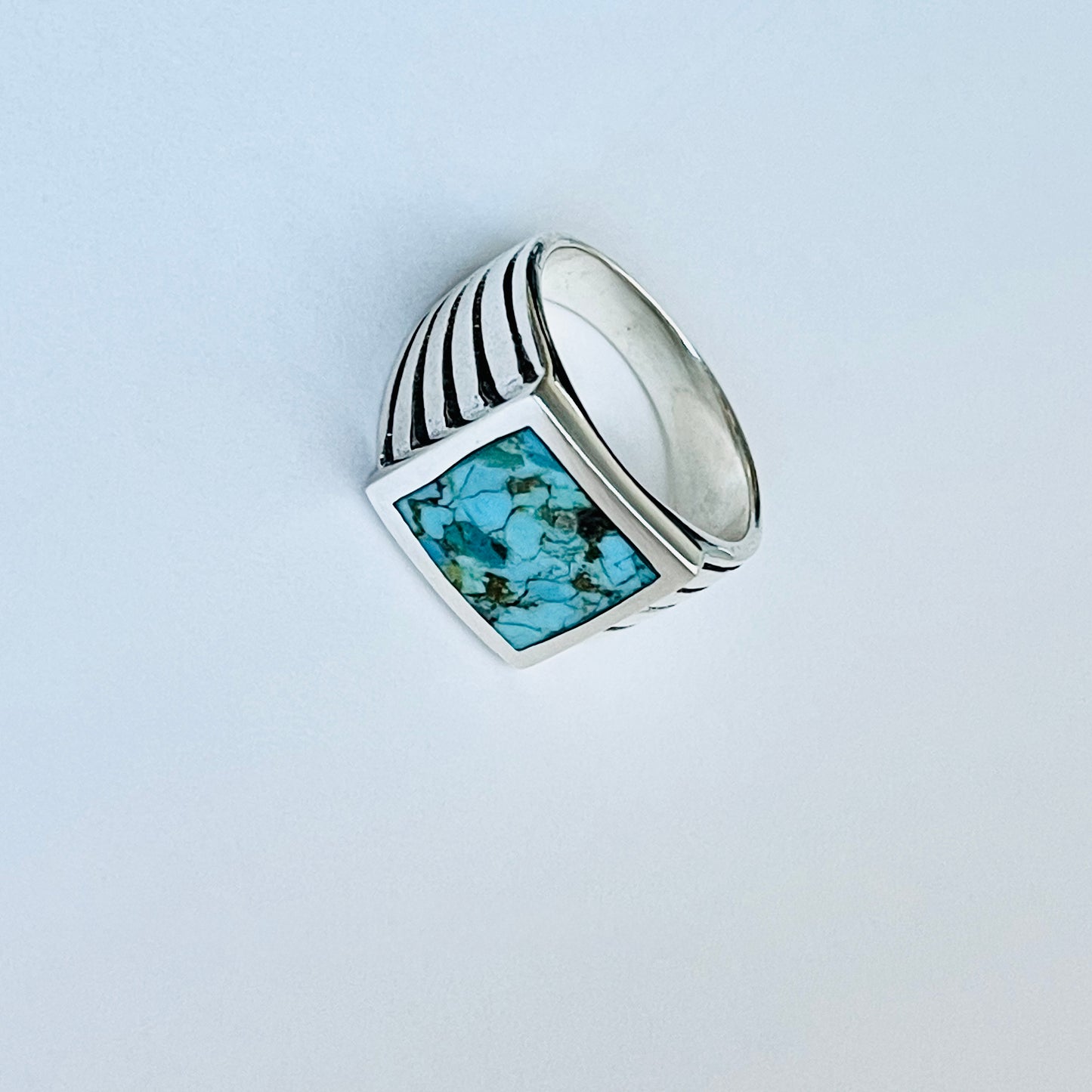 Sterling Silver Unisex Square Genuine Turquoise Ring, Statement Stone Jewelry
