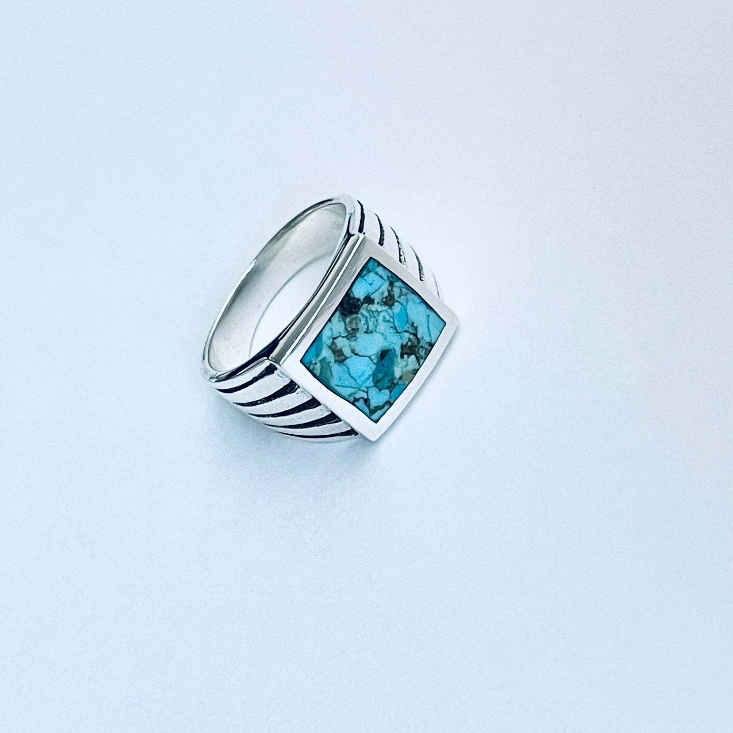 Sterling Silver Unisex Square Genuine Turquoise Ring, Statement Stone Jewelry