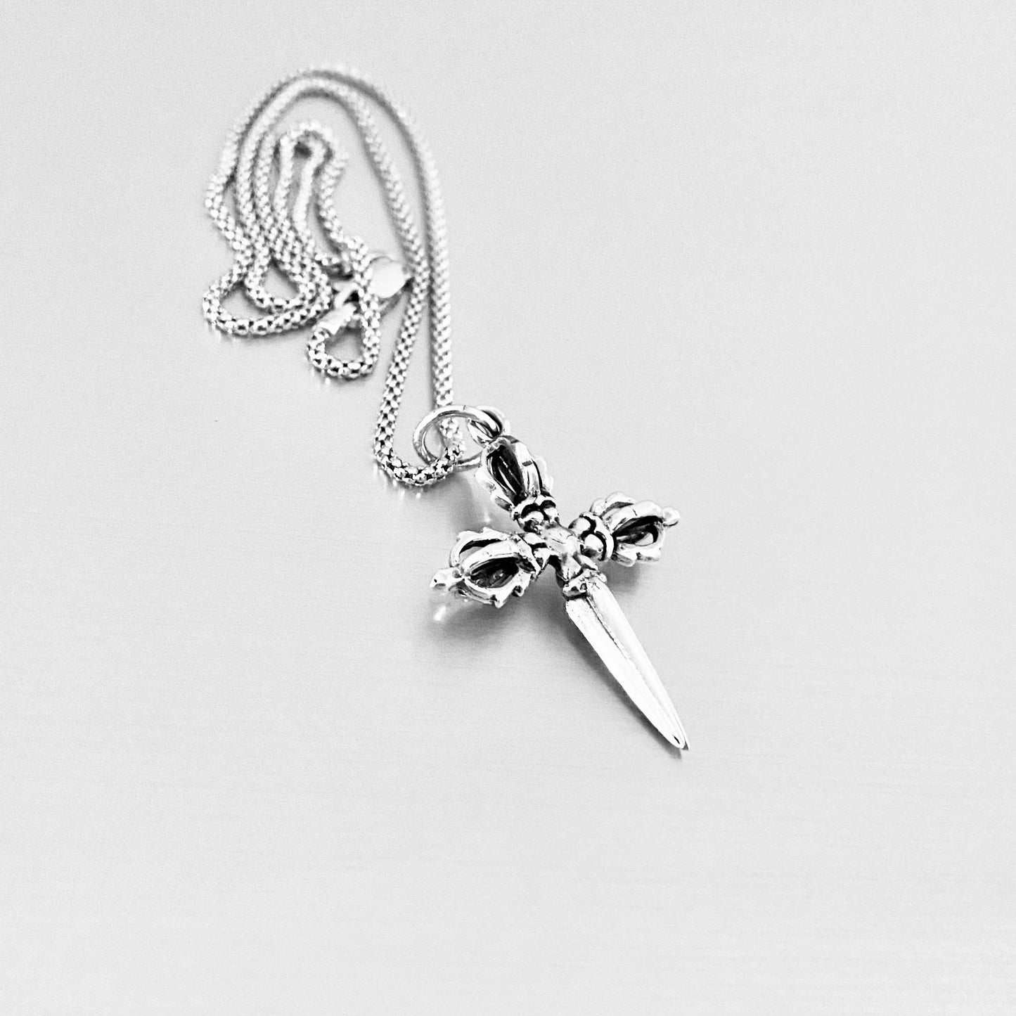 Sterling Silver Unisex Crown Dagger Cross Necklace – Sword Pendant Silver Chain