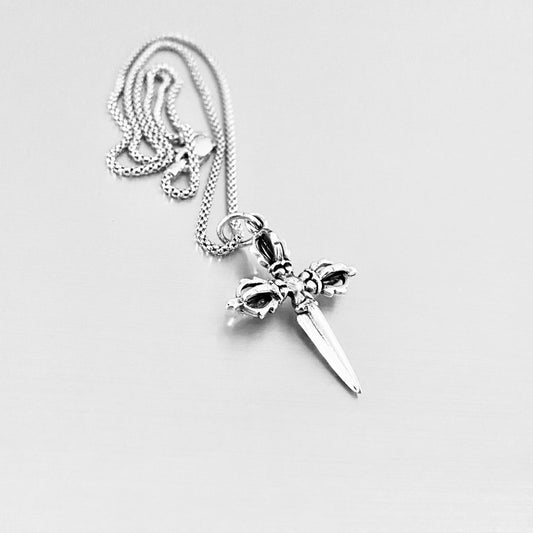 Sterling Silver Unisex Crown Dagger Cross Necklace – Sword Pendant Silver Chain