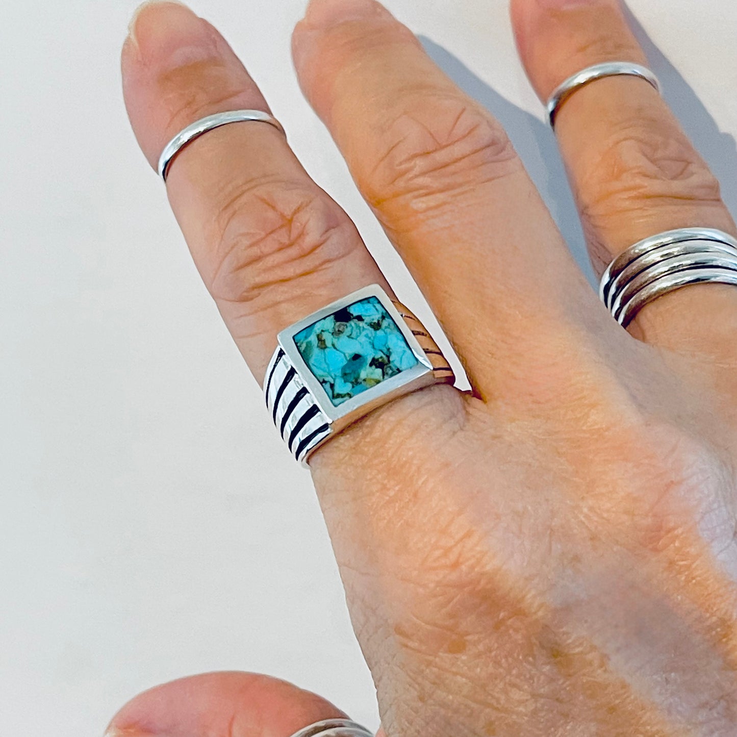 Sterling Silver Unisex Square Genuine Turquoise Ring, Statement Stone Jewelry