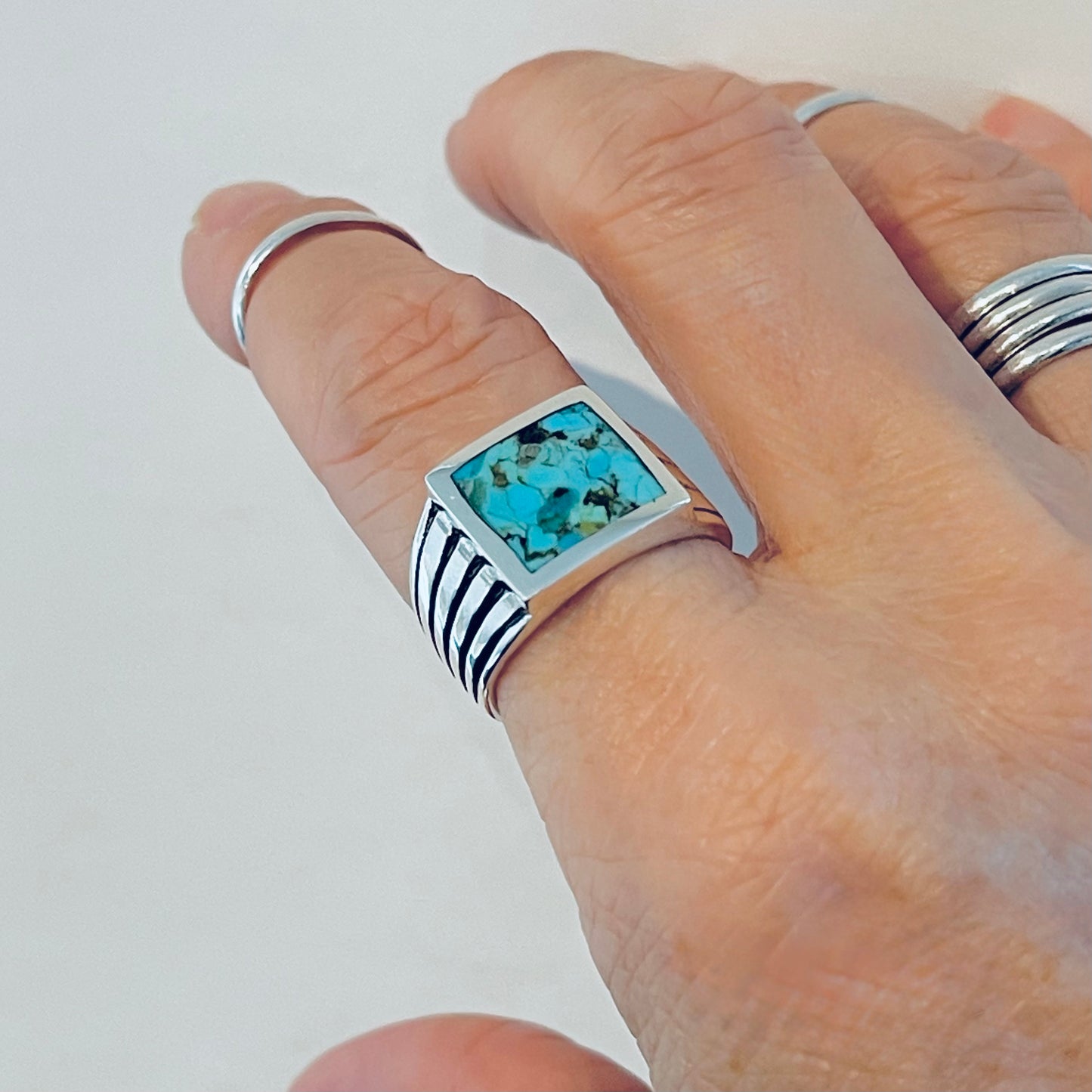 Sterling Silver Unisex Square Genuine Turquoise Ring, Statement Stone Jewelry