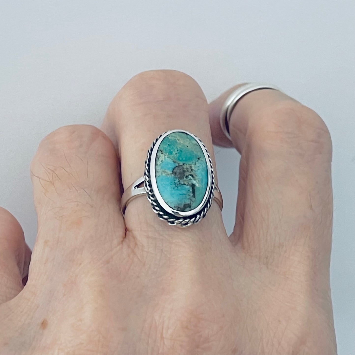 Statement Oval Genuine Turquoise Ring with Braid Sterling Silver, Stone Silver Rings