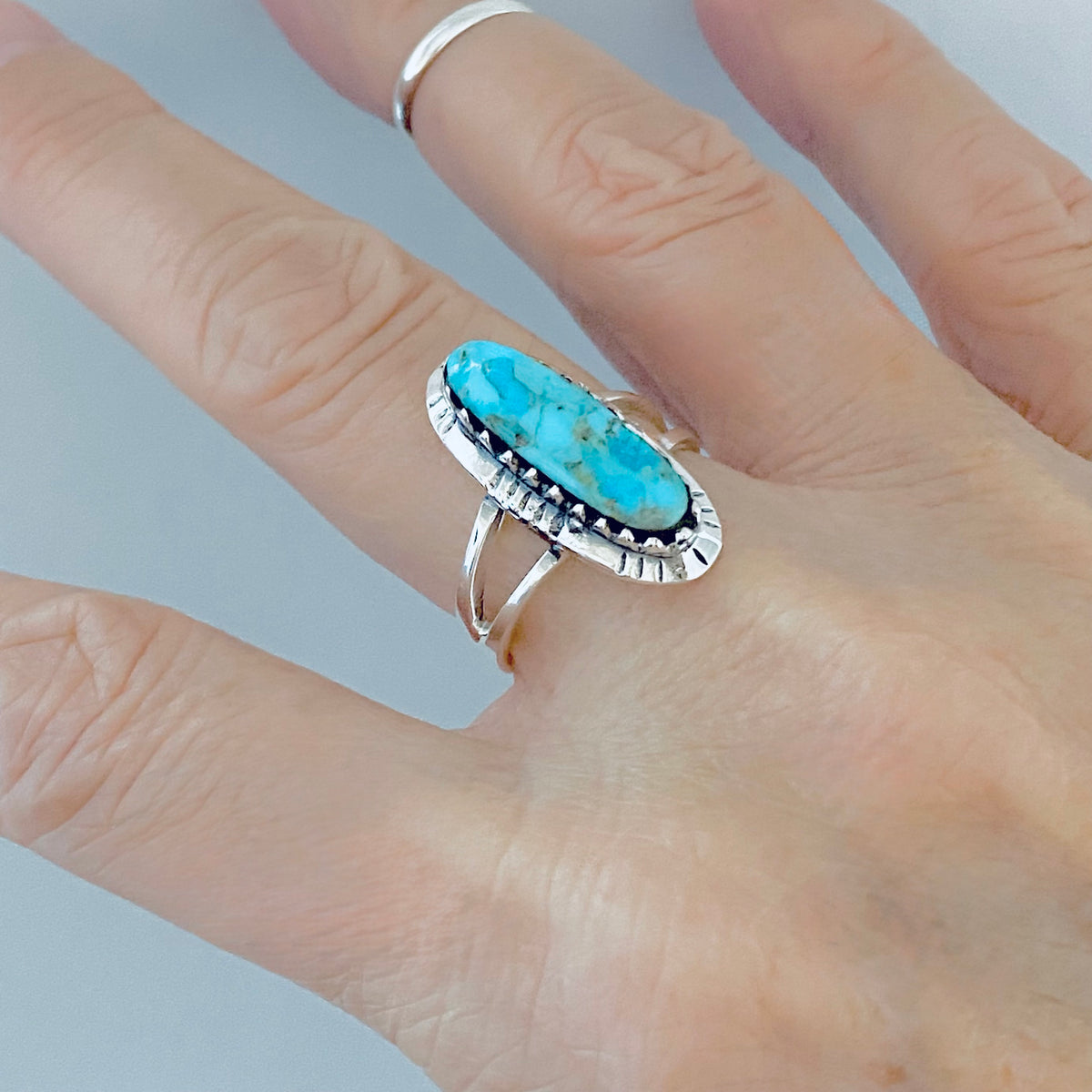 925 Sterling Silver Long Oval Genuine Turquoise Ring | Bold Boho Statement Stone Jewelry
