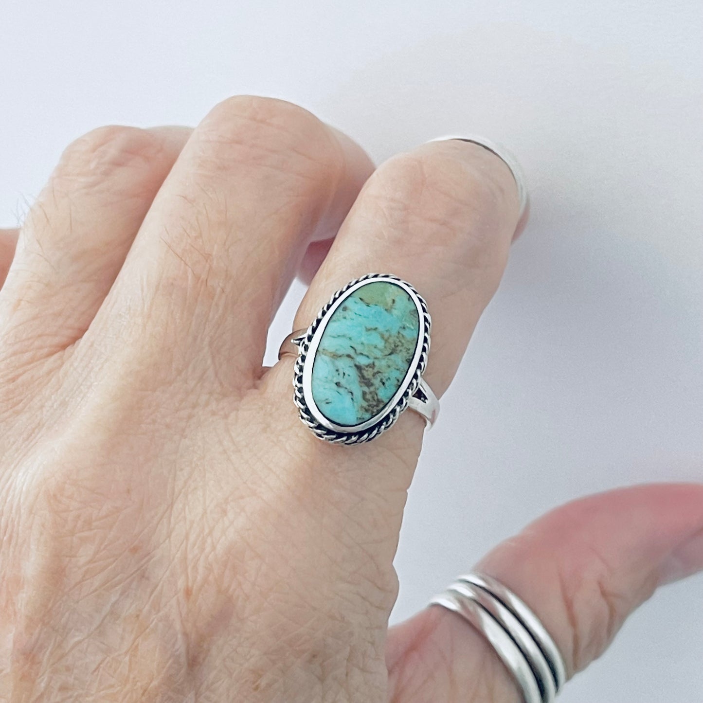 Statement Oval Genuine Turquoise Ring with Braid Sterling Silver, Stone Silver Rings