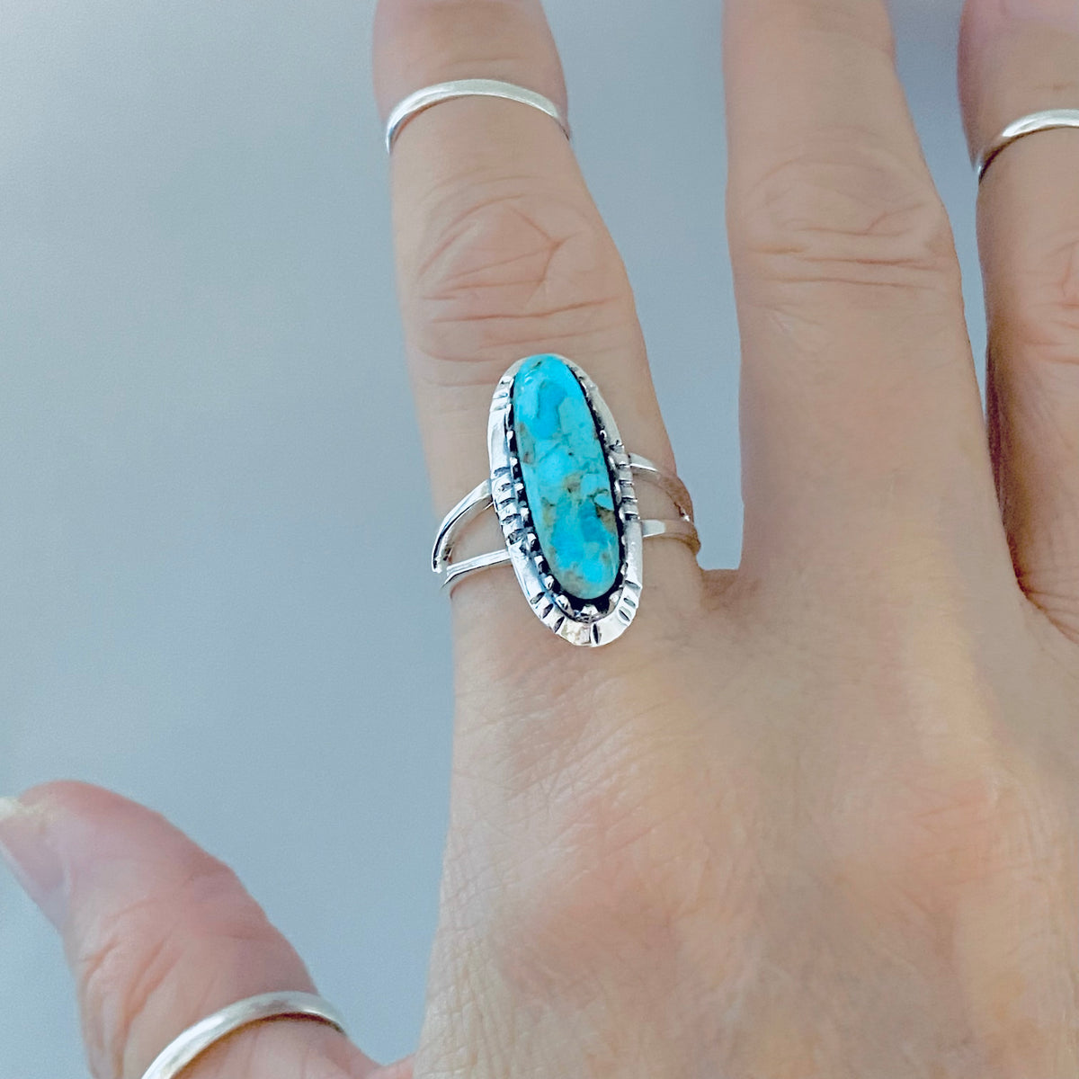 925 Sterling Silver Long Oval Genuine Turquoise Ring | Bold Boho Statement Stone Jewelry
