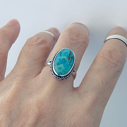 Statement Oval Genuine Turquoise Ring with Braid Sterling Silver, Stone Silver Rings