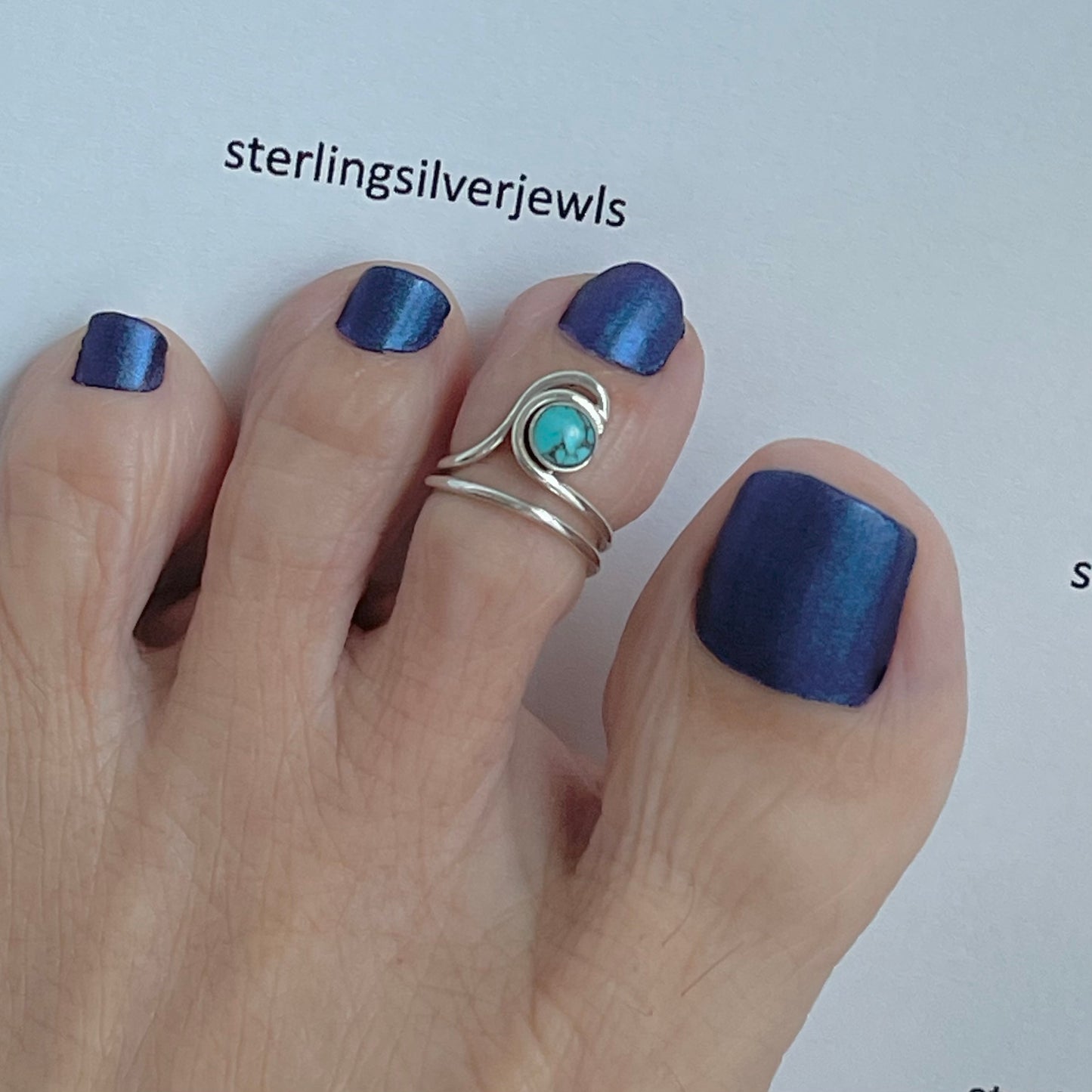 Sterling Silver Big Wave with Genuine Turquoise Toe Ring, Ocean Silver Ring