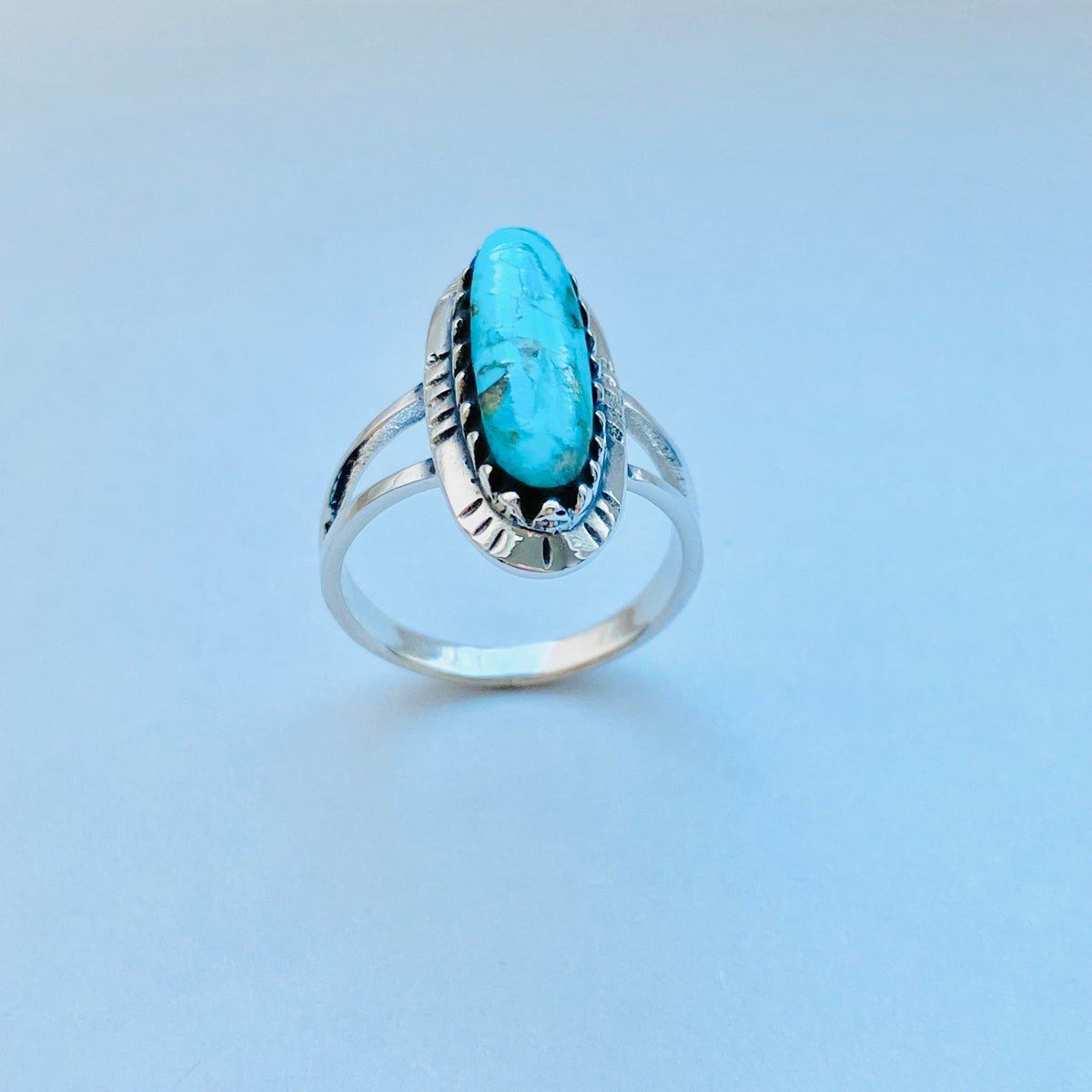 925 Sterling Silver Long Oval Genuine Turquoise Ring | Bold Boho Statement Stone Jewelry