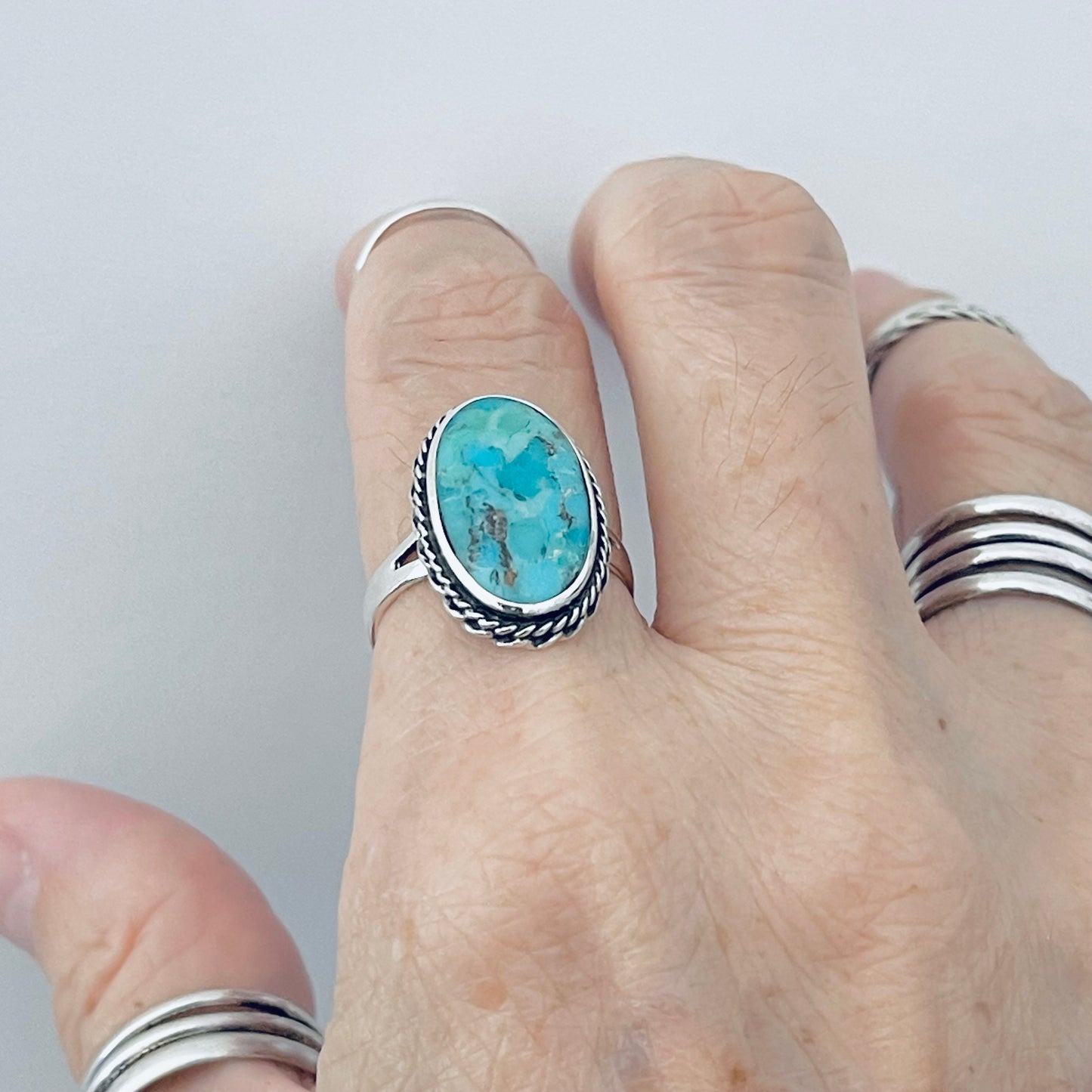 Statement Oval Genuine Turquoise Ring with Braid Sterling Silver, Stone Silver Rings