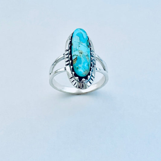 925 Sterling Silver Long Oval Genuine Turquoise Ring | Bold Boho Statement Stone Jewelry