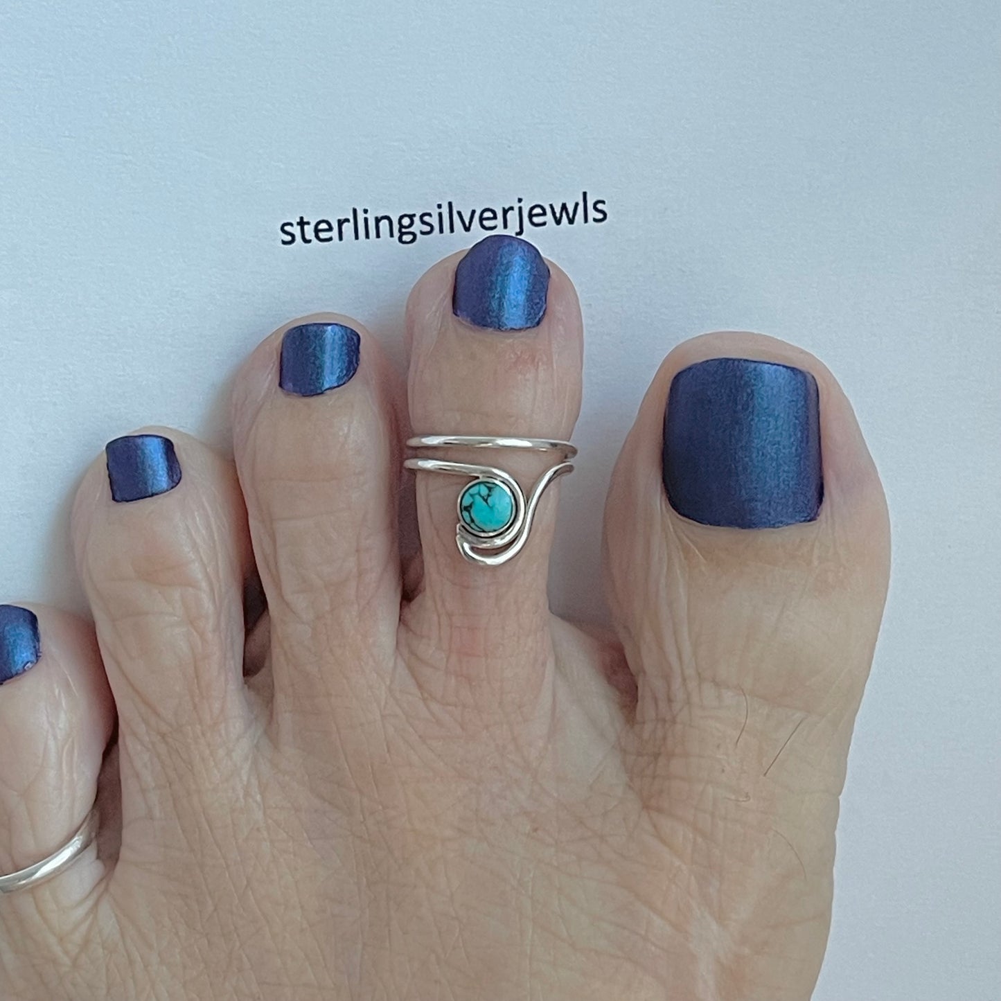 Sterling Silver Big Wave with Genuine Turquoise Toe Ring, Ocean Silver Ring