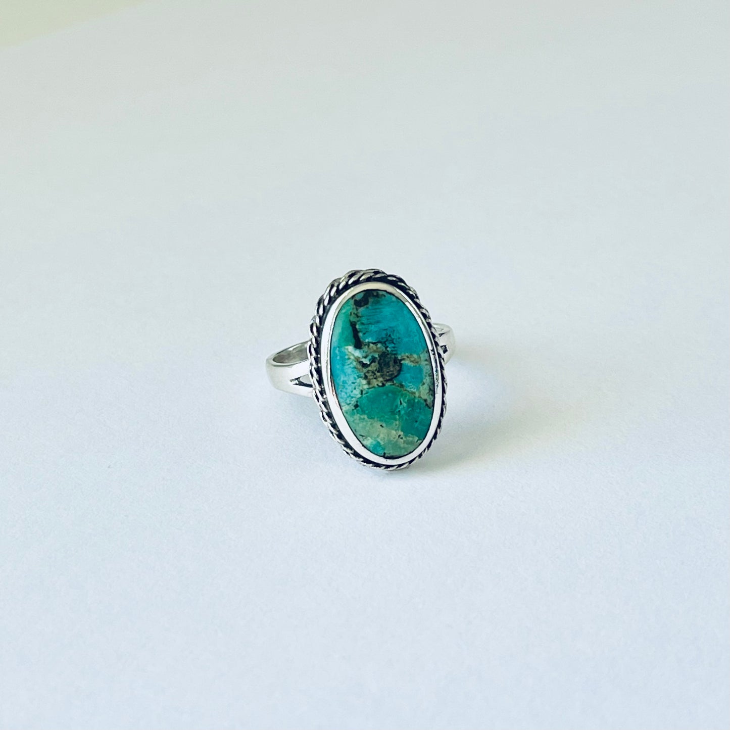 Statement Oval Genuine Turquoise Ring with Braid Sterling Silver, Stone Silver Rings