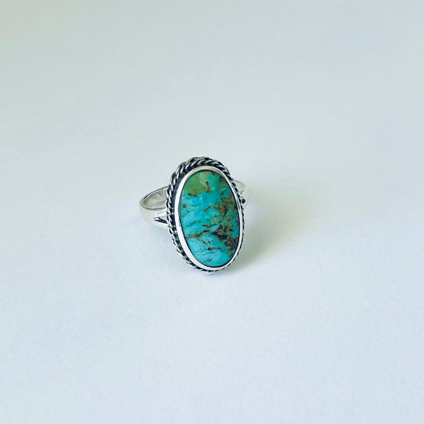 Statement Oval Genuine Turquoise Ring with Braid Sterling Silver, Stone Silver Rings