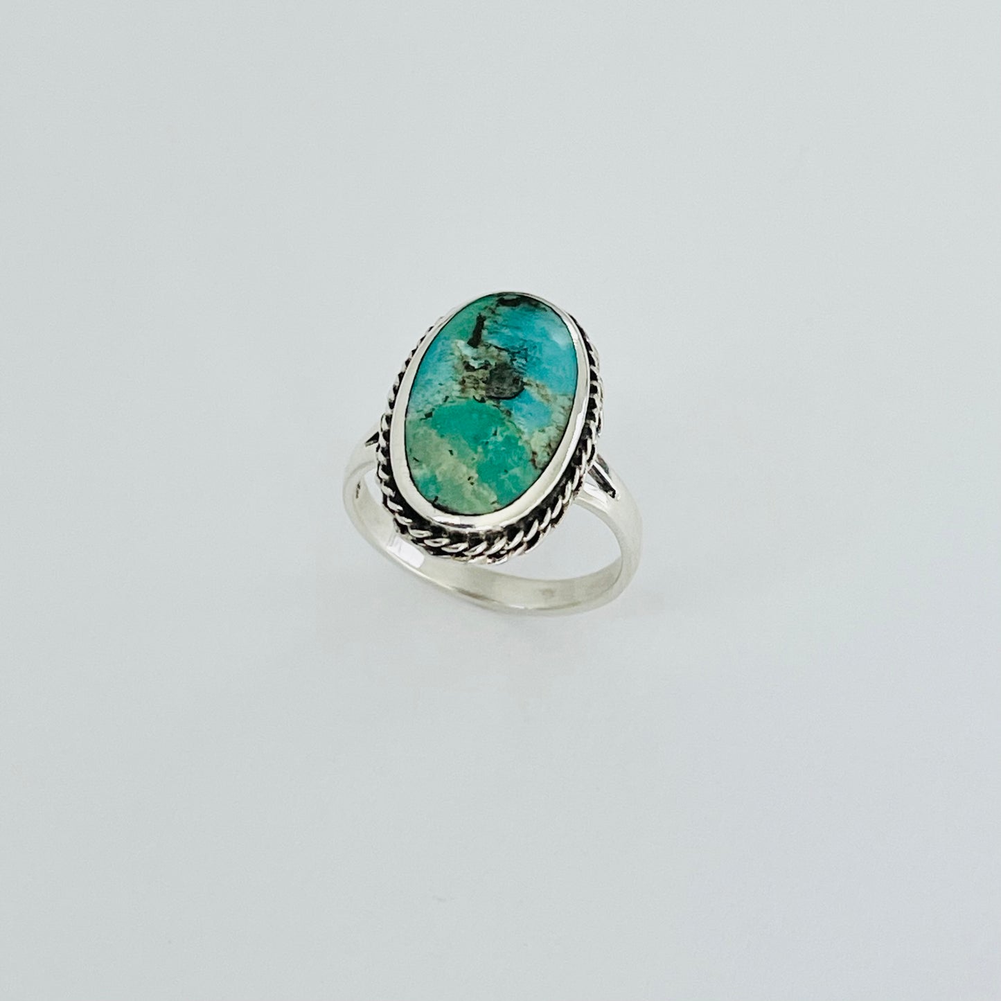 Statement Oval Genuine Turquoise Ring with Braid Sterling Silver, Stone Silver Rings