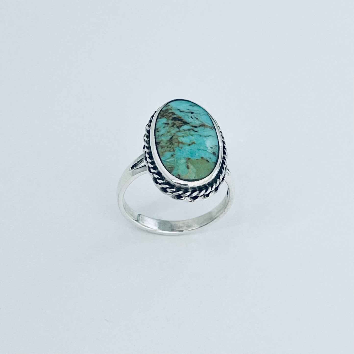 Statement Oval Genuine Turquoise Ring with Braid Sterling Silver, Stone Silver Rings