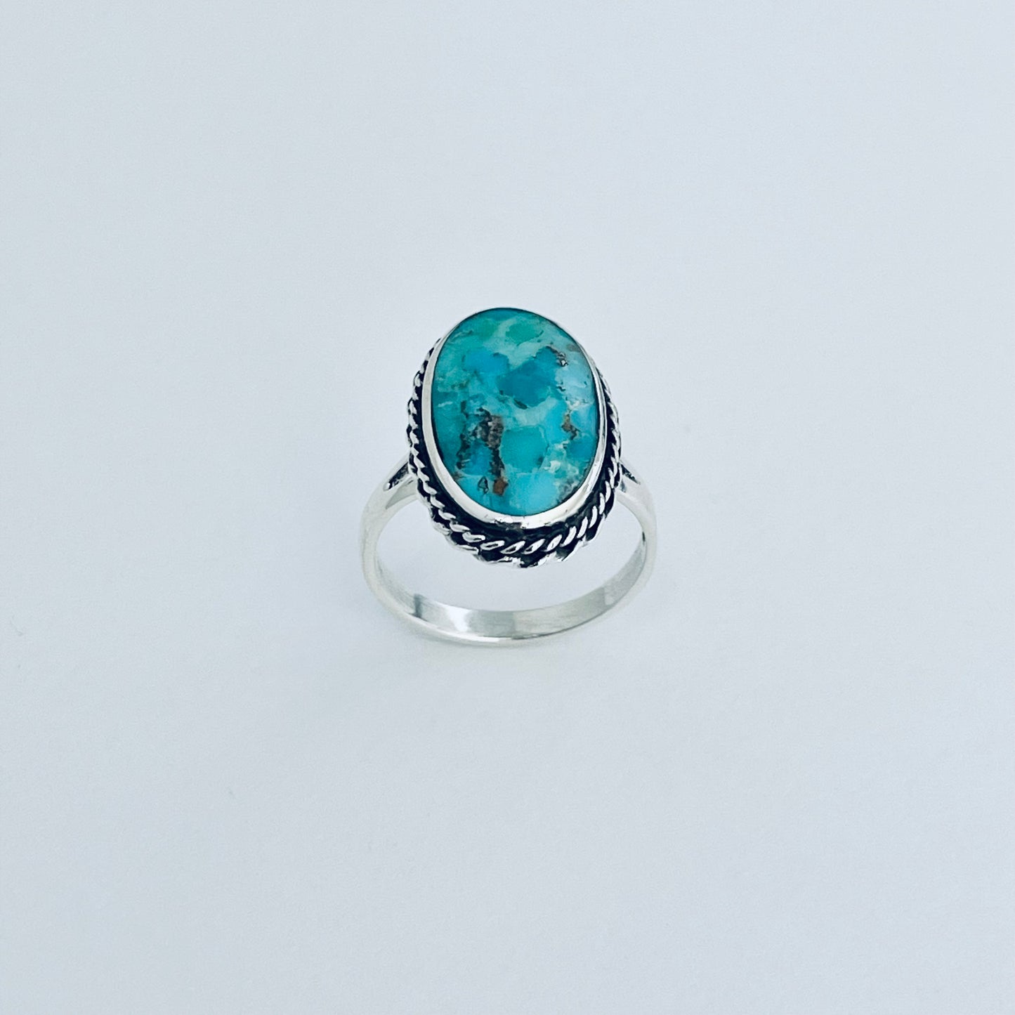 Statement Oval Genuine Turquoise Ring with Braid Sterling Silver, Stone Silver Rings