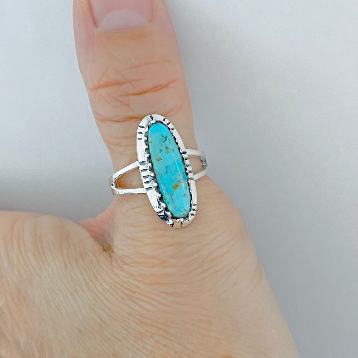 925 Sterling Silver Long Oval Genuine Turquoise Ring | Bold Boho Statement Stone Jewelry