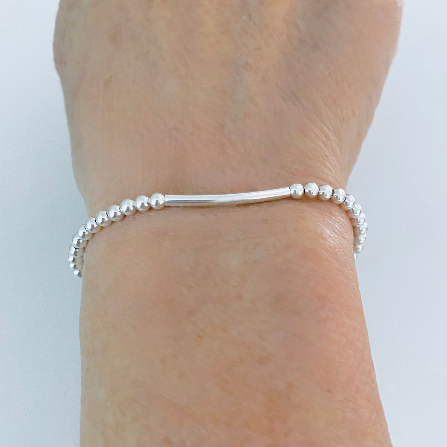 925 Sterling Silver Delicate Bead and Bar Bracelet with Slip Knot | Dainty Boho Silver Bracelets