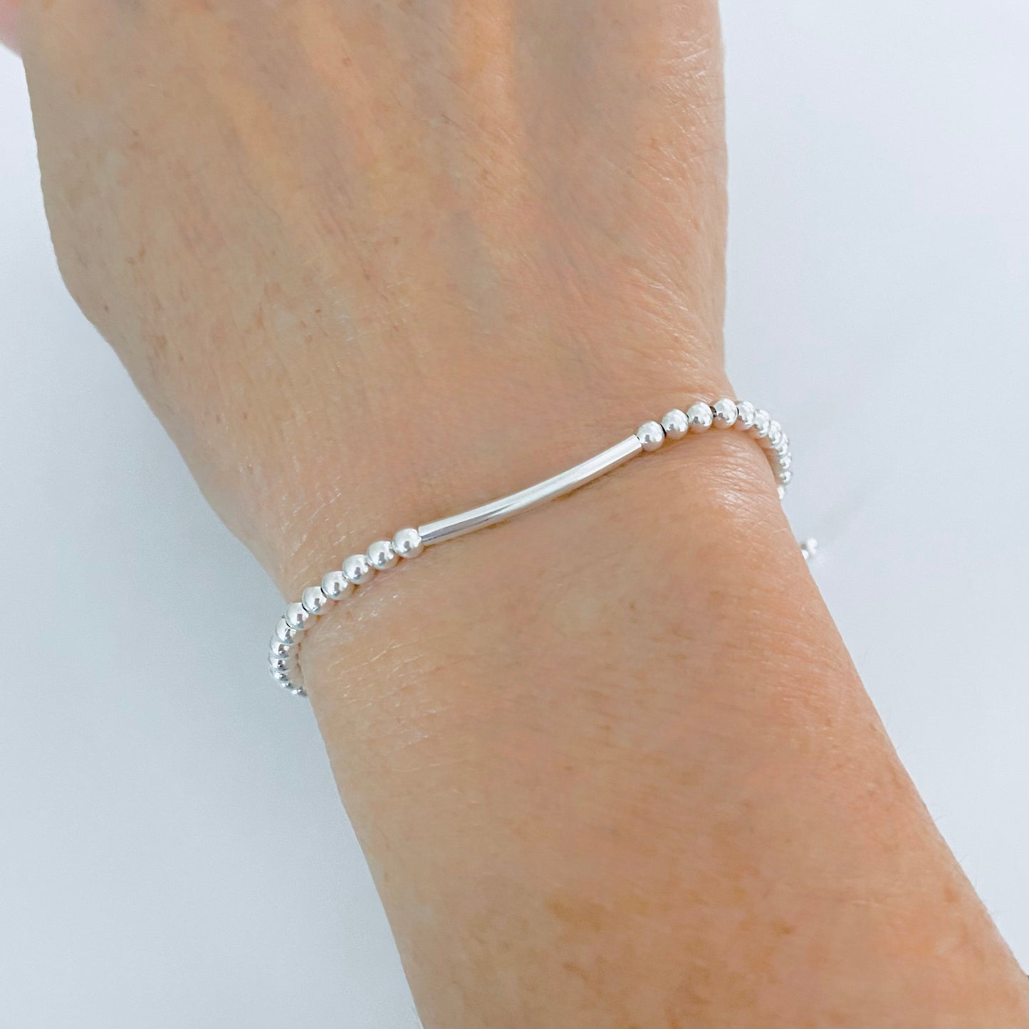 925 Sterling Silver Delicate Bead and Bar Bracelet with Slip Knot | Dainty Boho Silver Bracelets