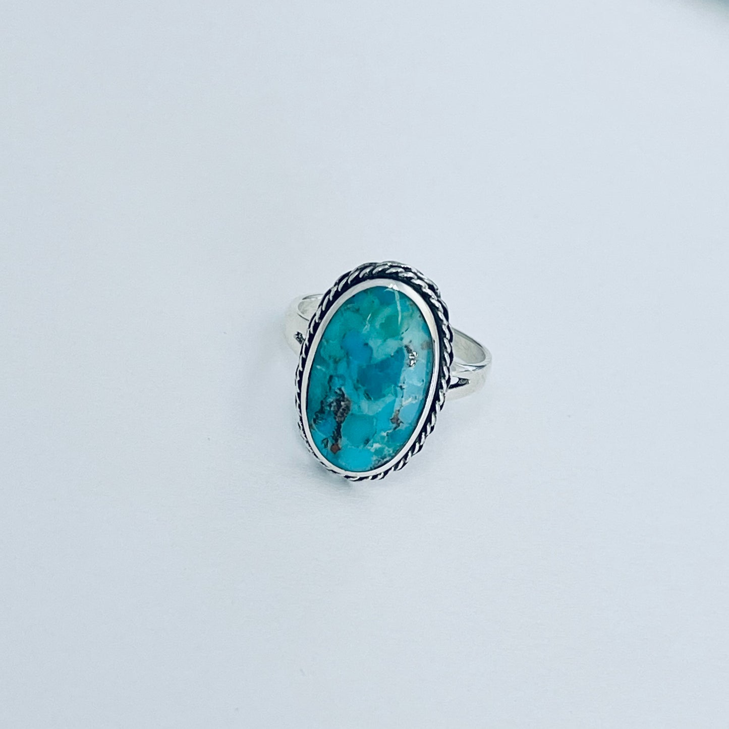 Statement Oval Genuine Turquoise Ring with Braid Sterling Silver, Stone Silver Rings