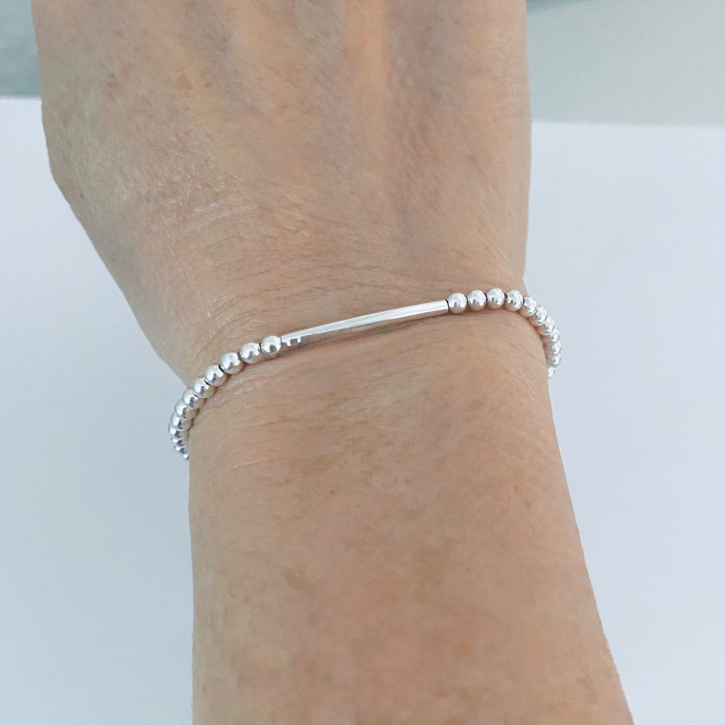 925 Sterling Silver Delicate Bead and Bar Bracelet with Slip Knot | Dainty Boho Silver Bracelets