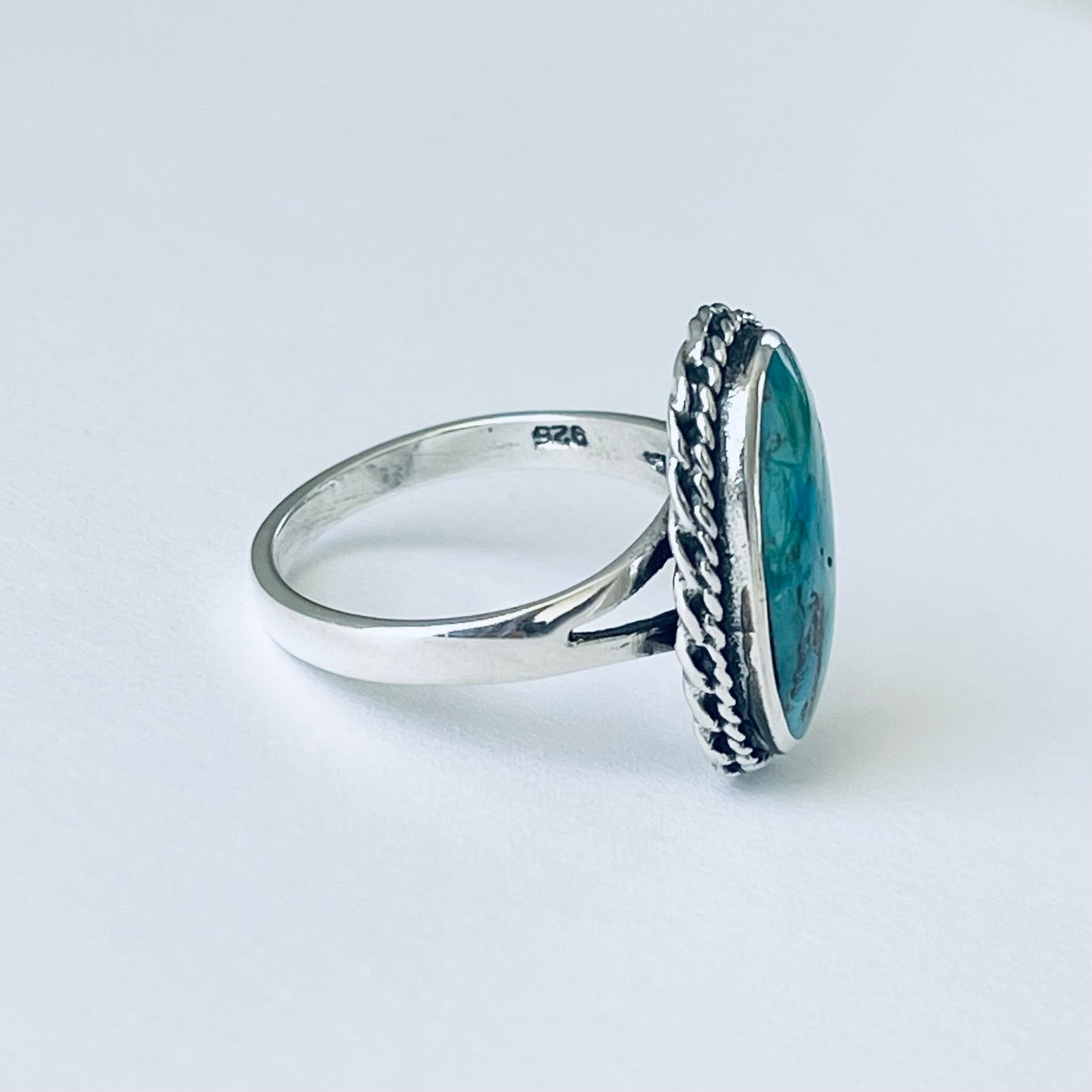 Statement Oval Genuine Turquoise Ring with Braid Sterling Silver, Stone Silver Rings