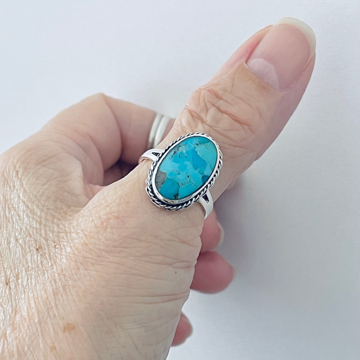 Statement Oval Genuine Turquoise Ring with Braid Sterling Silver, Stone Silver Rings