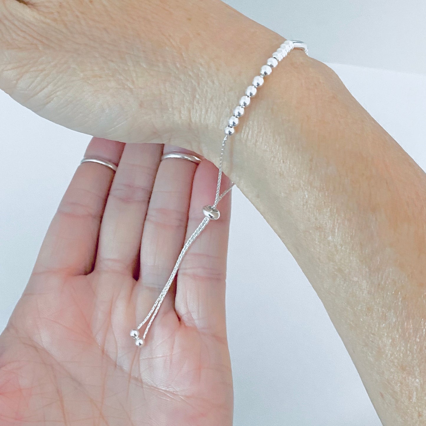 925 Sterling Silver Delicate Bead and Bar Bracelet with Slip Knot | Dainty Boho Silver Bracelets