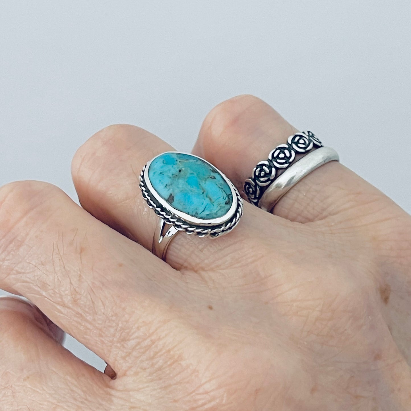 Statement Oval Genuine Turquoise Ring with Braid Sterling Silver, Stone Silver Rings