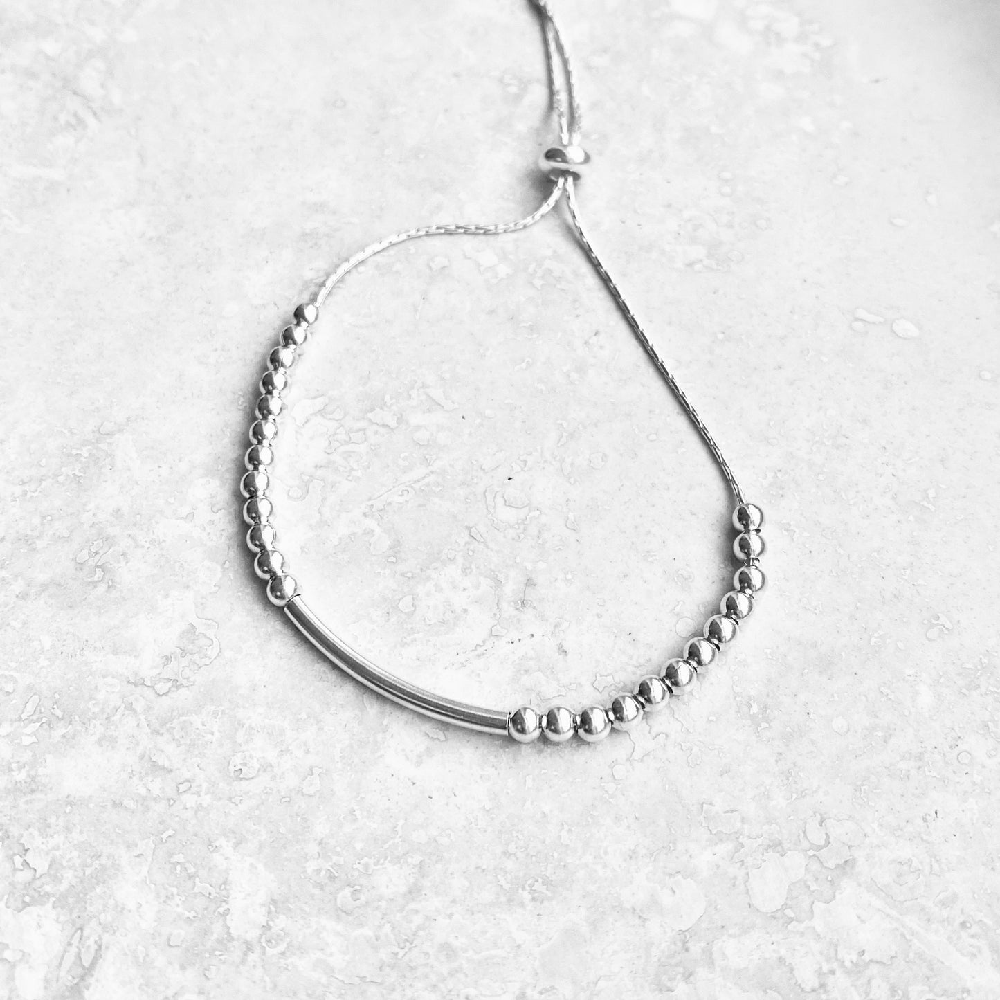 925 Sterling Silver Delicate Bead and Bar Bracelet with Slip Knot | Dainty Boho Silver Bracelets
