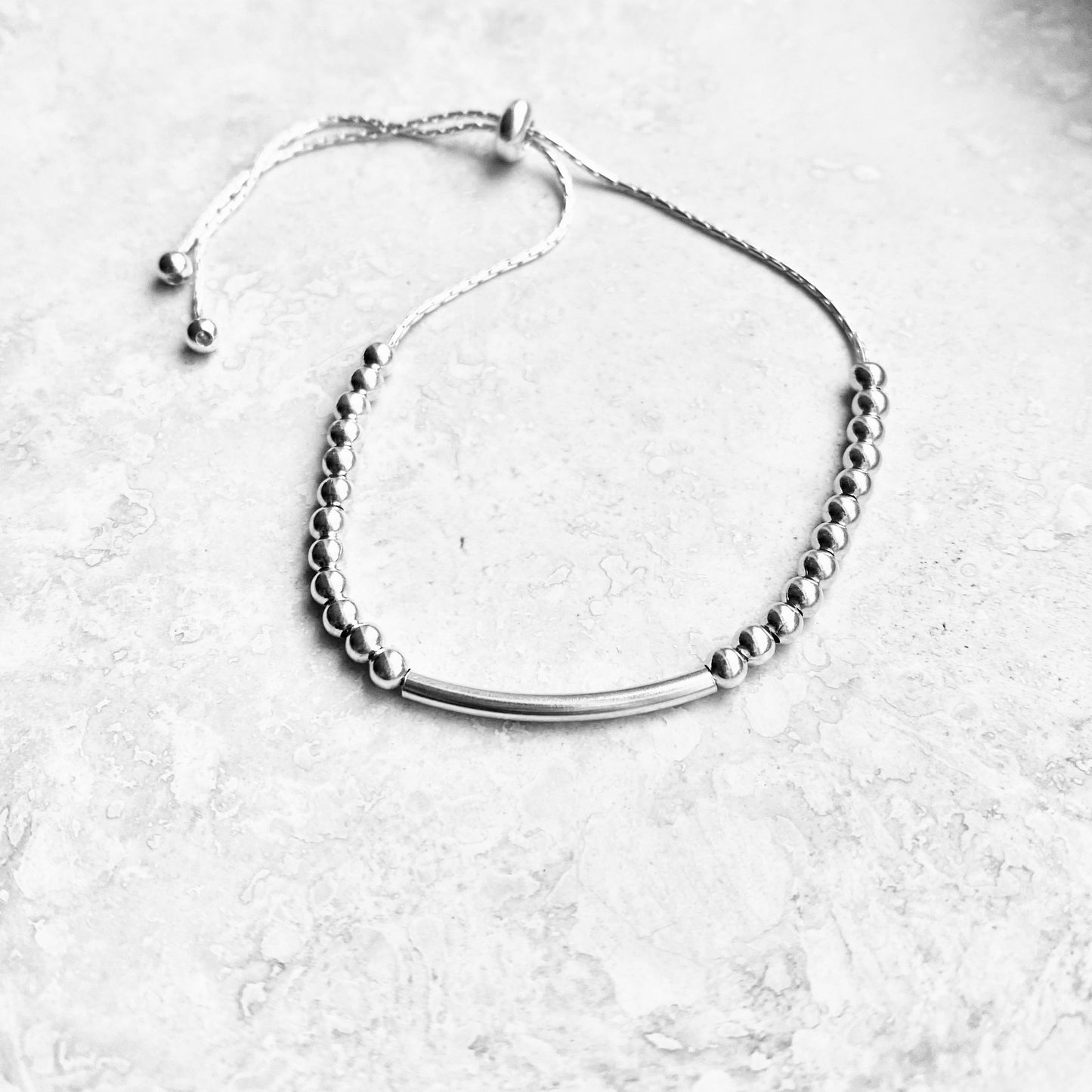 925 Sterling Silver Delicate Bead and Bar Bracelet with Slip Knot | Dainty Boho Silver Bracelets