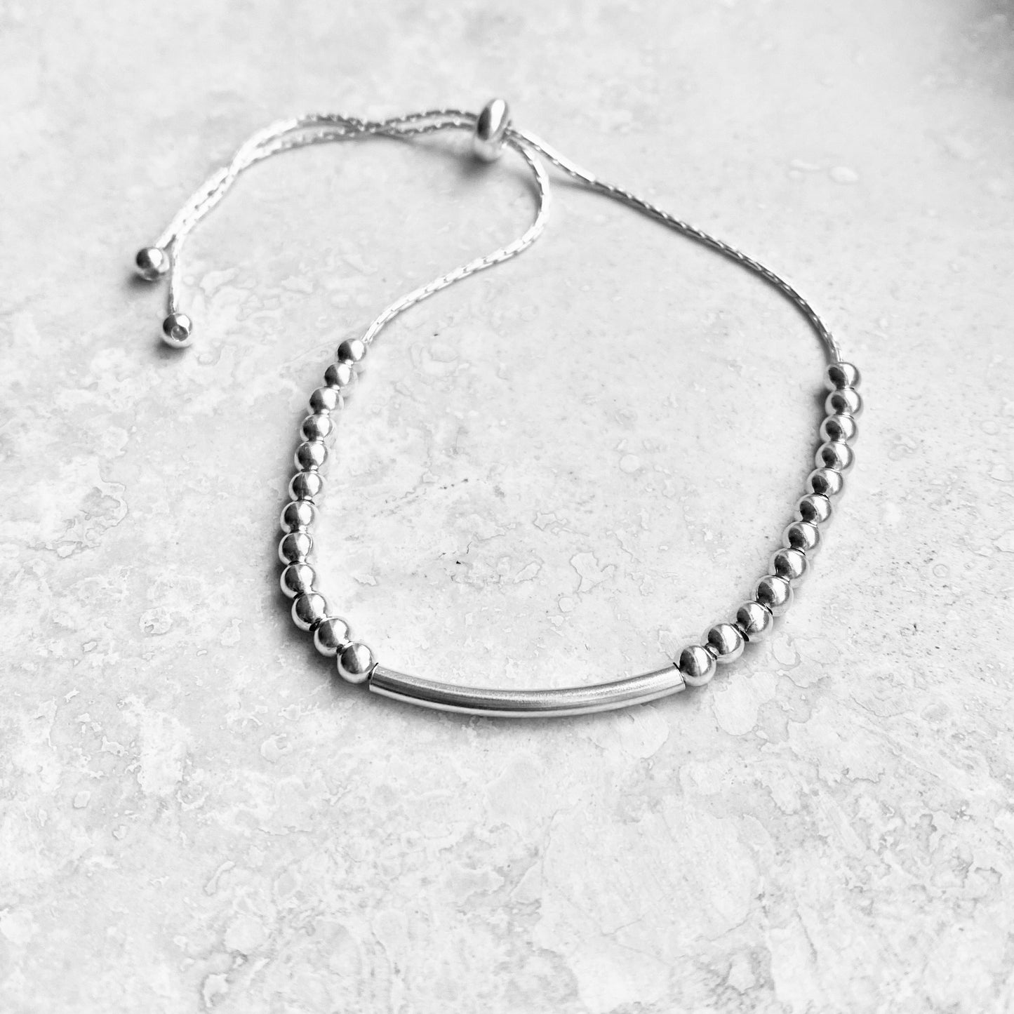 925 Sterling Silver Delicate Bead and Bar Bracelet with Slip Knot | Dainty Boho Silver Bracelets