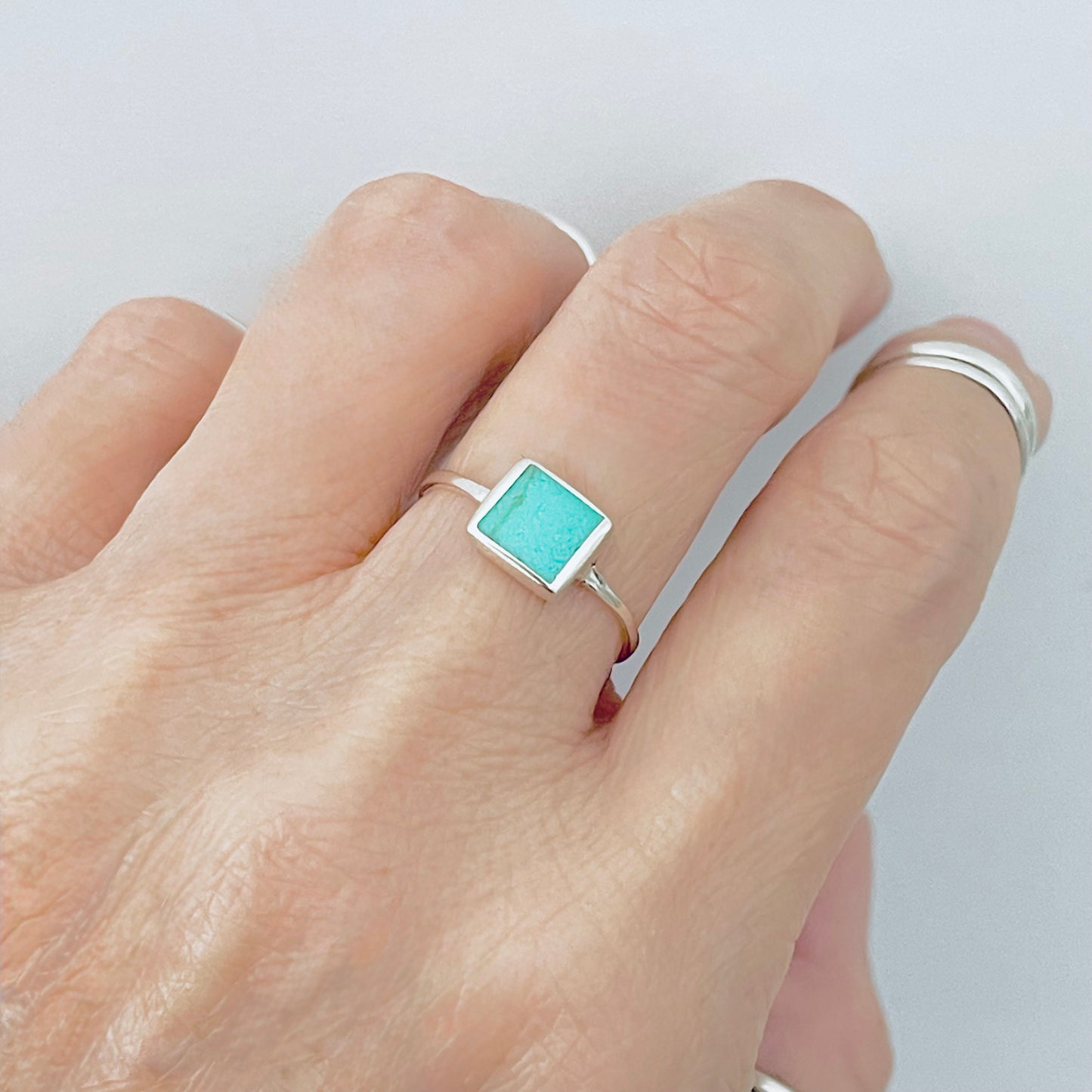 925 Sterling Silver Square Synthetic Turquoise Ring | Dainty Boho Stone Silver Rings
