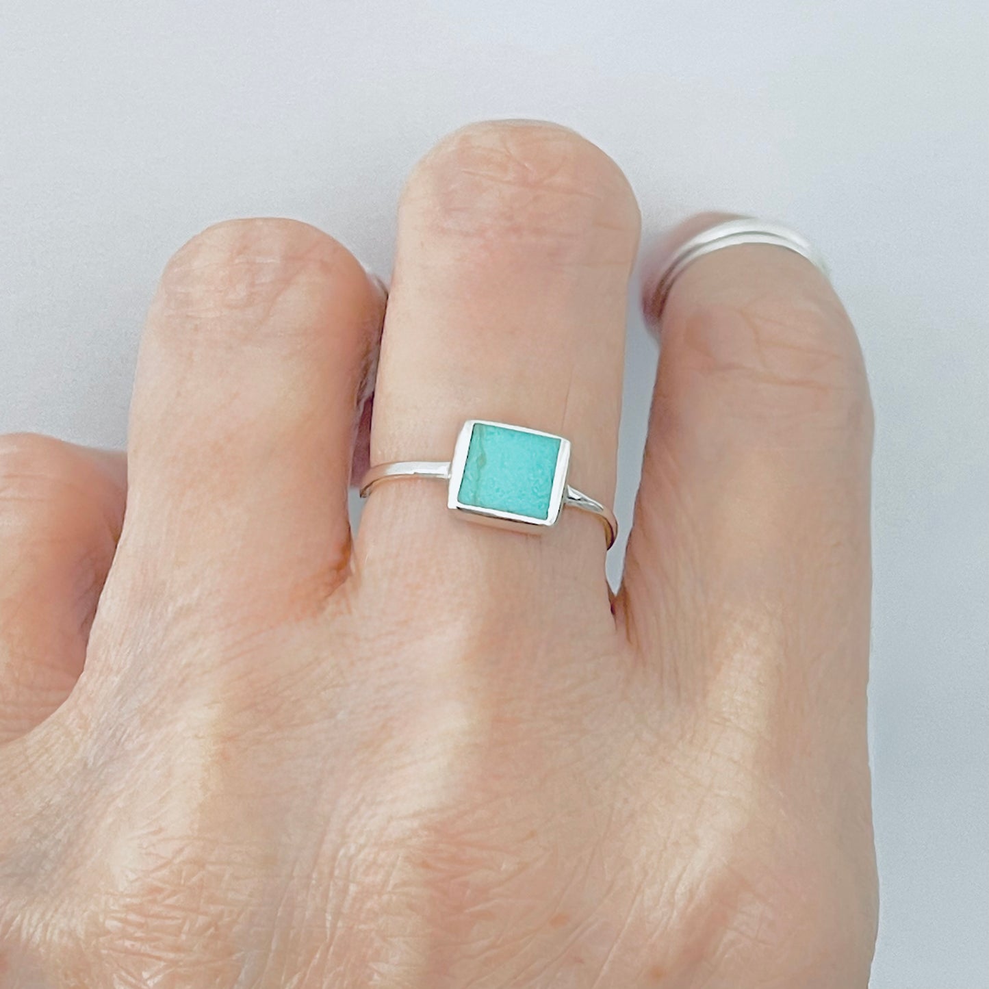 925 Sterling Silver Square Synthetic Turquoise Ring | Dainty Boho Stone Silver Rings