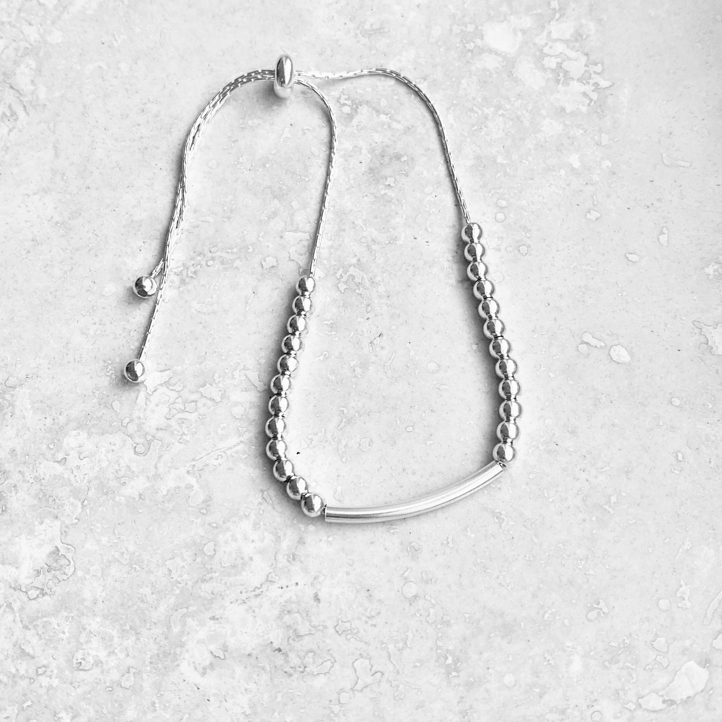 925 Sterling Silver Delicate Bead and Bar Bracelet with Slip Knot | Dainty Boho Silver Bracelets