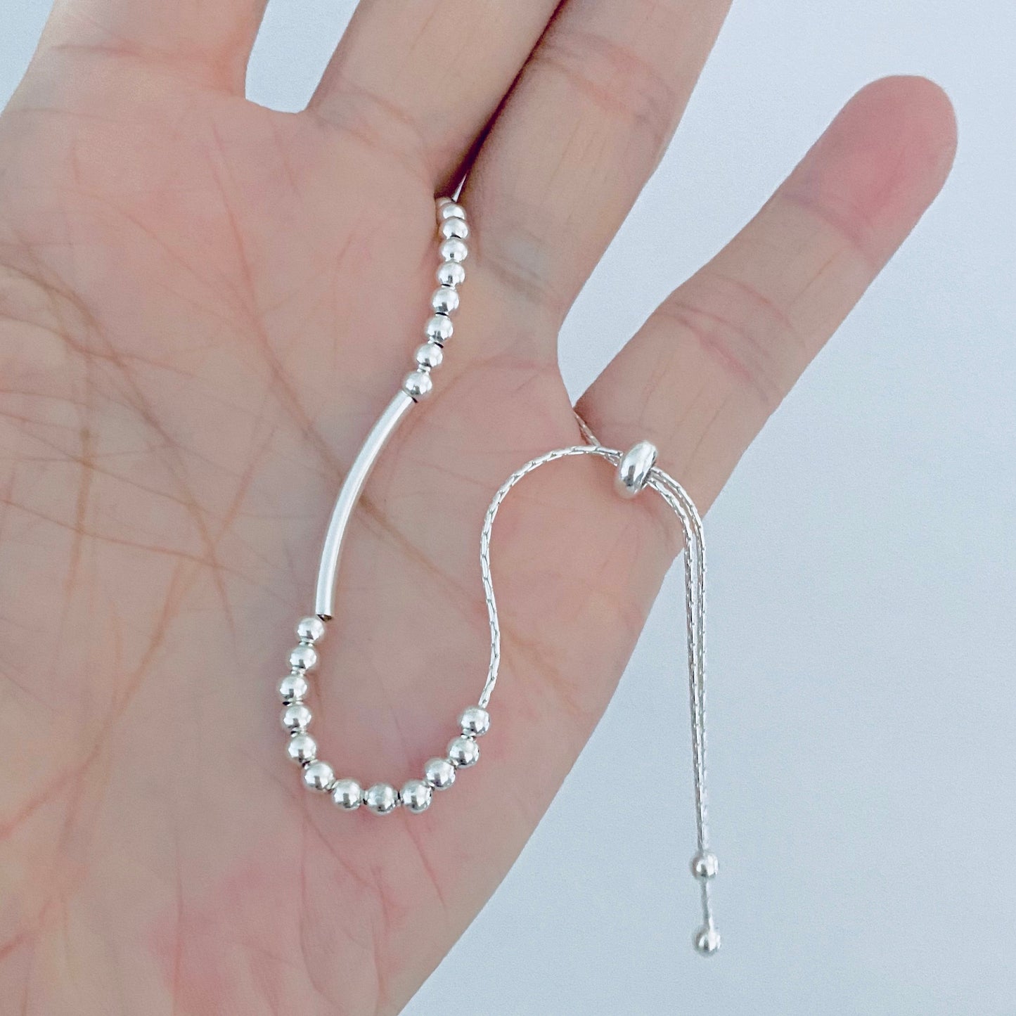 925 Sterling Silver Delicate Bead and Bar Bracelet with Slip Knot | Dainty Boho Silver Bracelets
