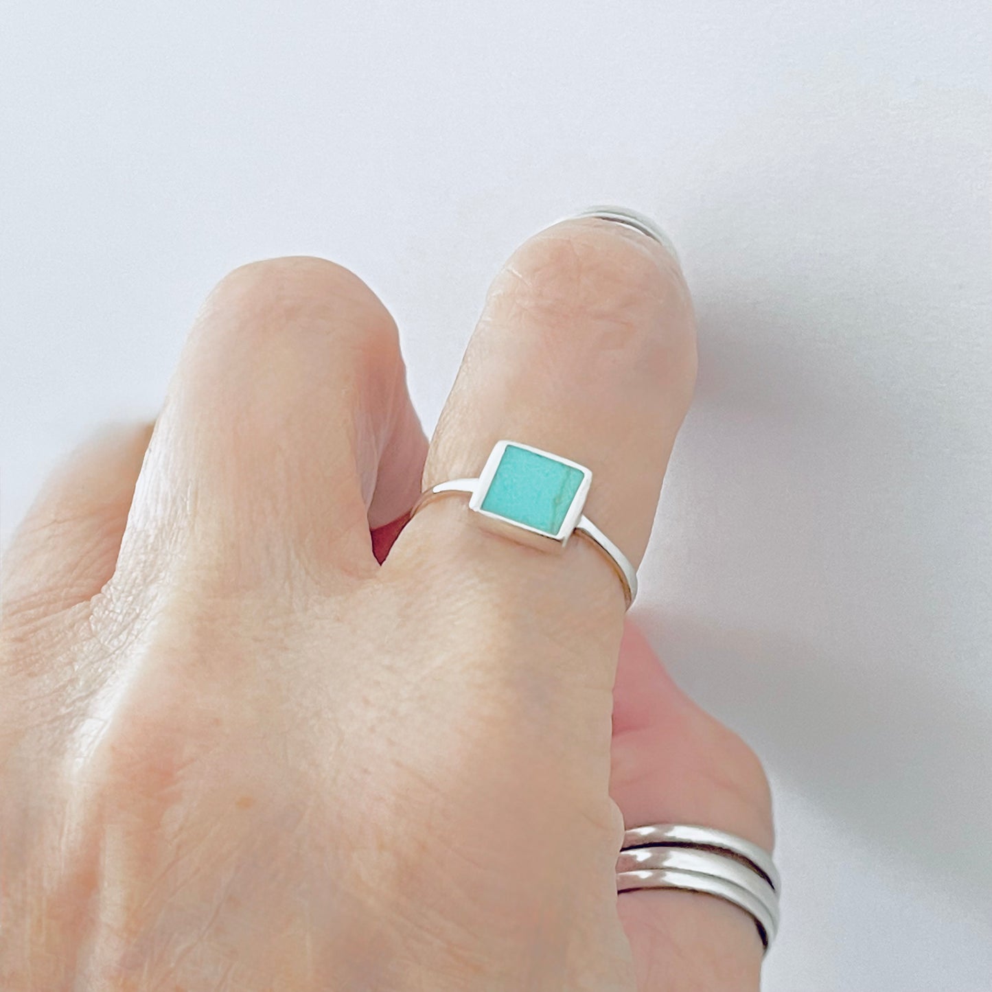 925 Sterling Silver Square Synthetic Turquoise Ring | Dainty Boho Stone Silver Rings