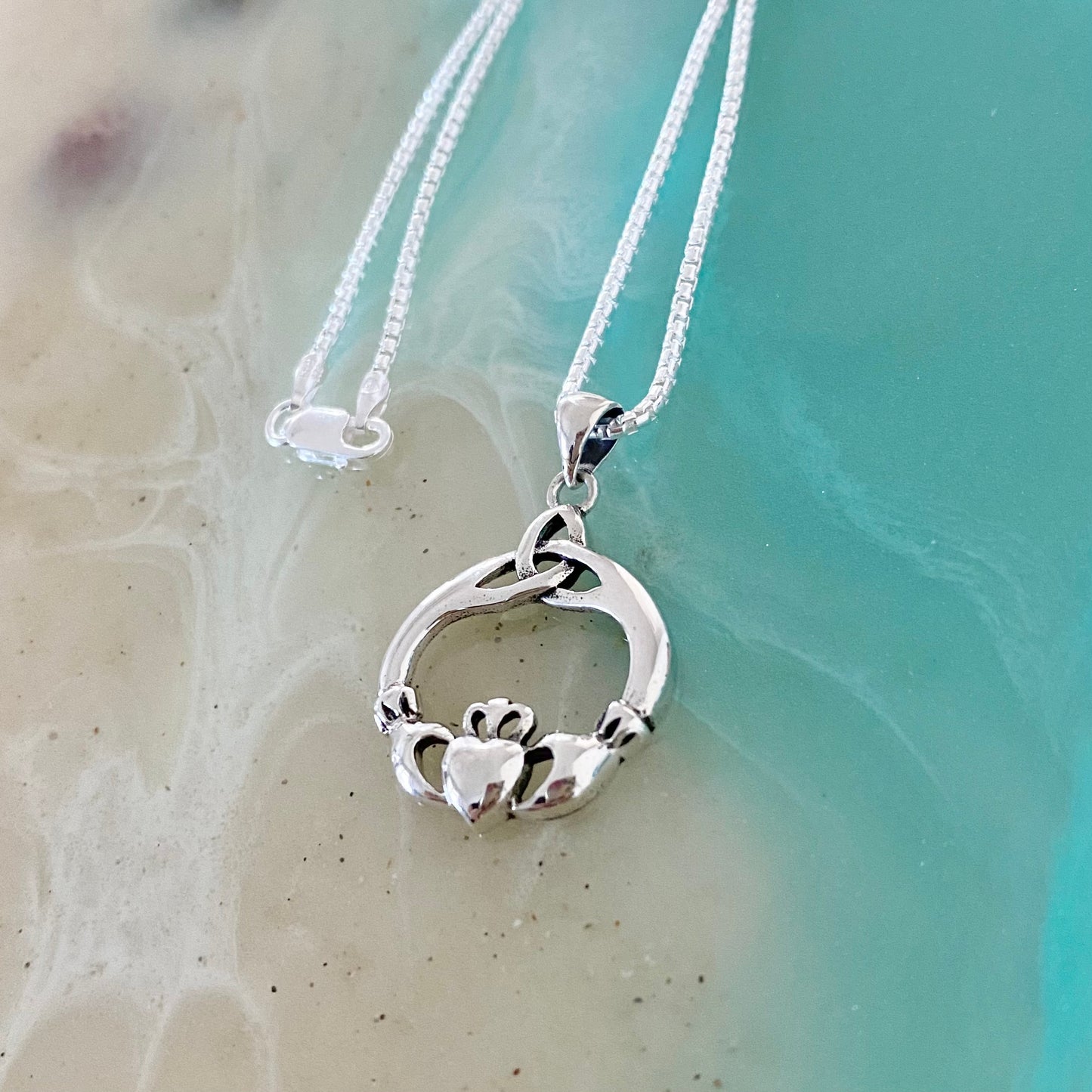 Sterling Silver Irish Claddagh Heart Necklace with Celtic, Silver Necklaces