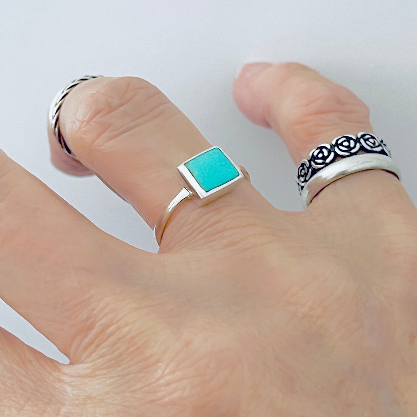 925 Sterling Silver Square Synthetic Turquoise Ring | Dainty Boho Stone Silver Rings