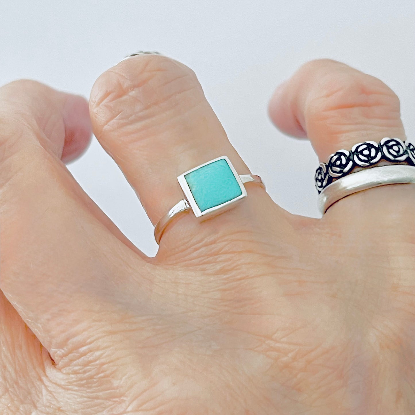 925 Sterling Silver Square Synthetic Turquoise Ring | Dainty Boho Stone Silver Rings