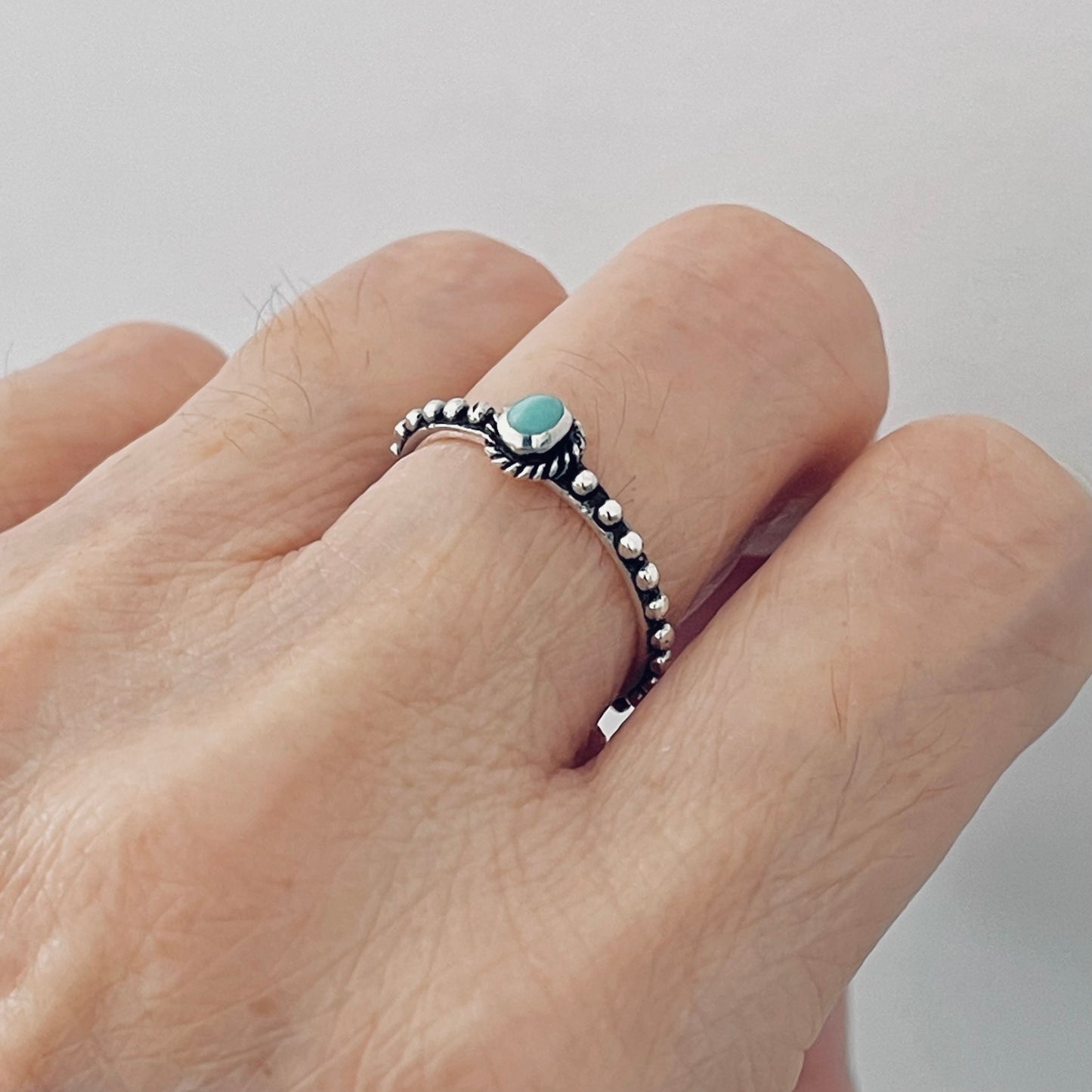 Sterling Silver Little Bali Style Turquoise Ring with Bead Band, Minimalist Silver Rings