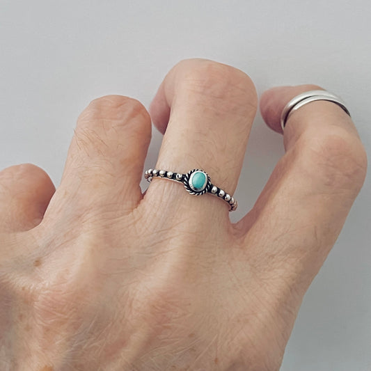 Sterling Silver Little Bali Style Turquoise Ring with Bead Band, Minimalist Silver Rings