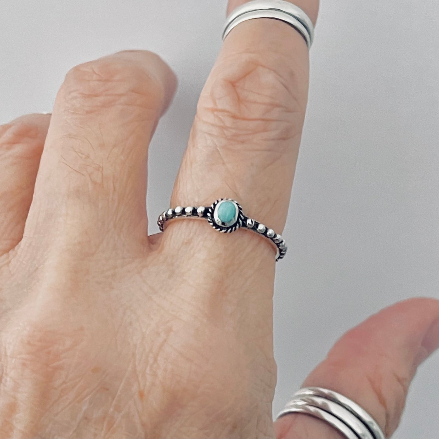 Sterling Silver Little Bali Style Turquoise Ring with Bead Band, Minimalist Silver Rings