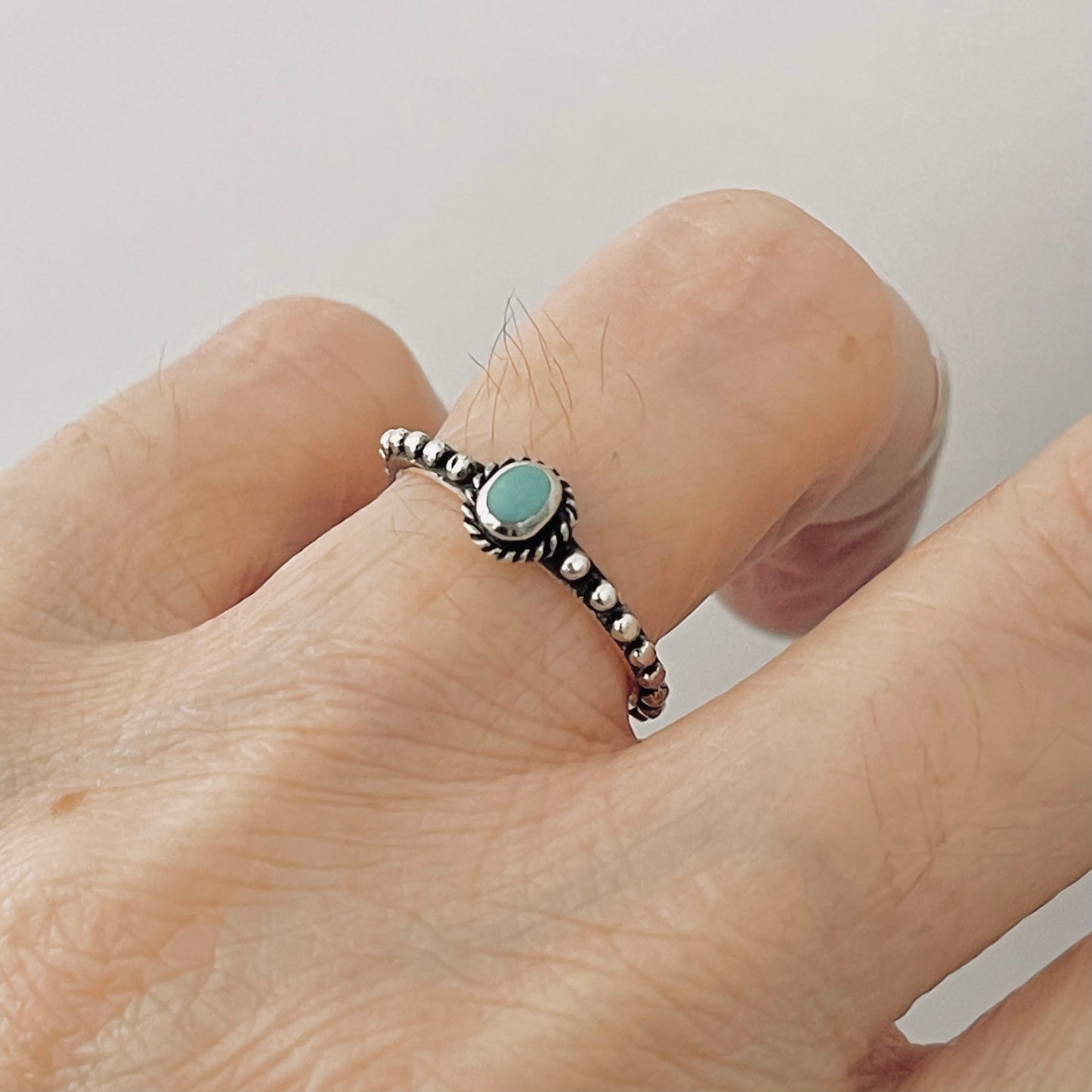 Sterling Silver Little Bali Style Turquoise Ring with Bead Band, Minimalist Silver Rings