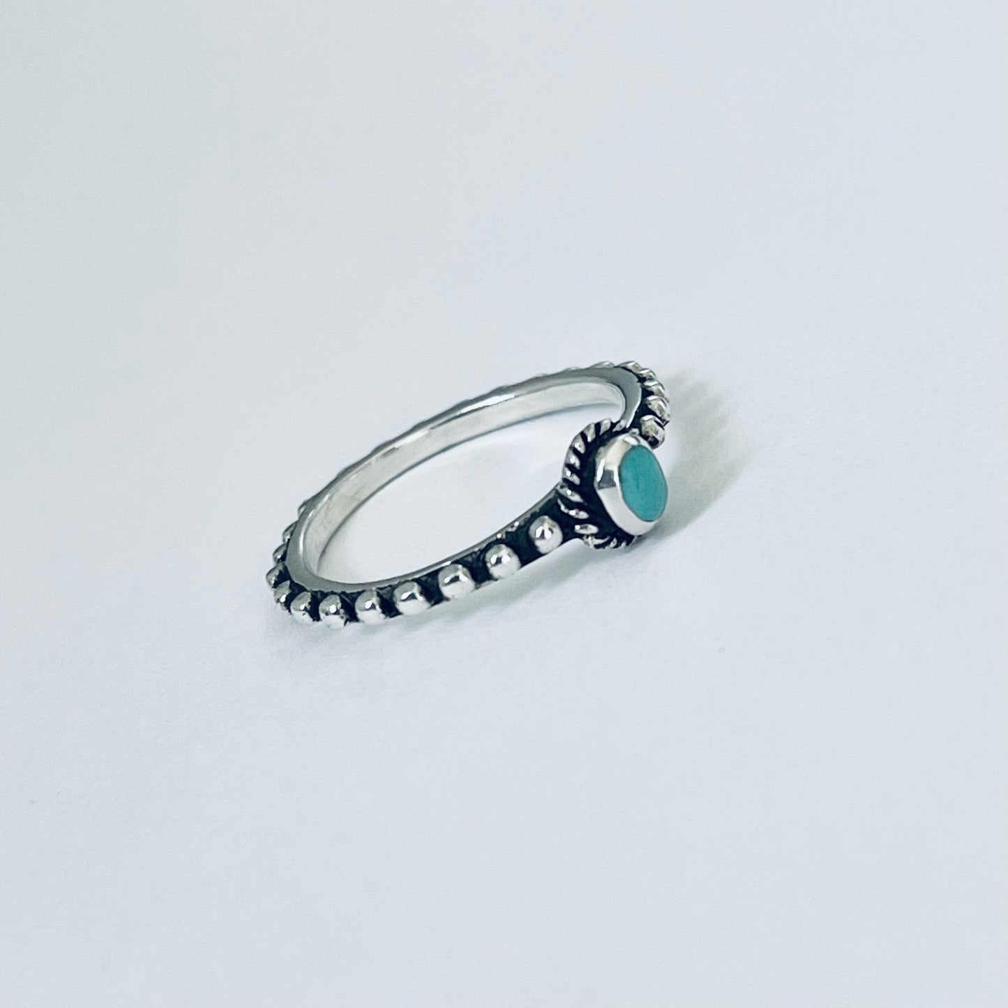 Sterling Silver Little Bali Style Turquoise Ring with Bead Band, Minimalist Silver Rings