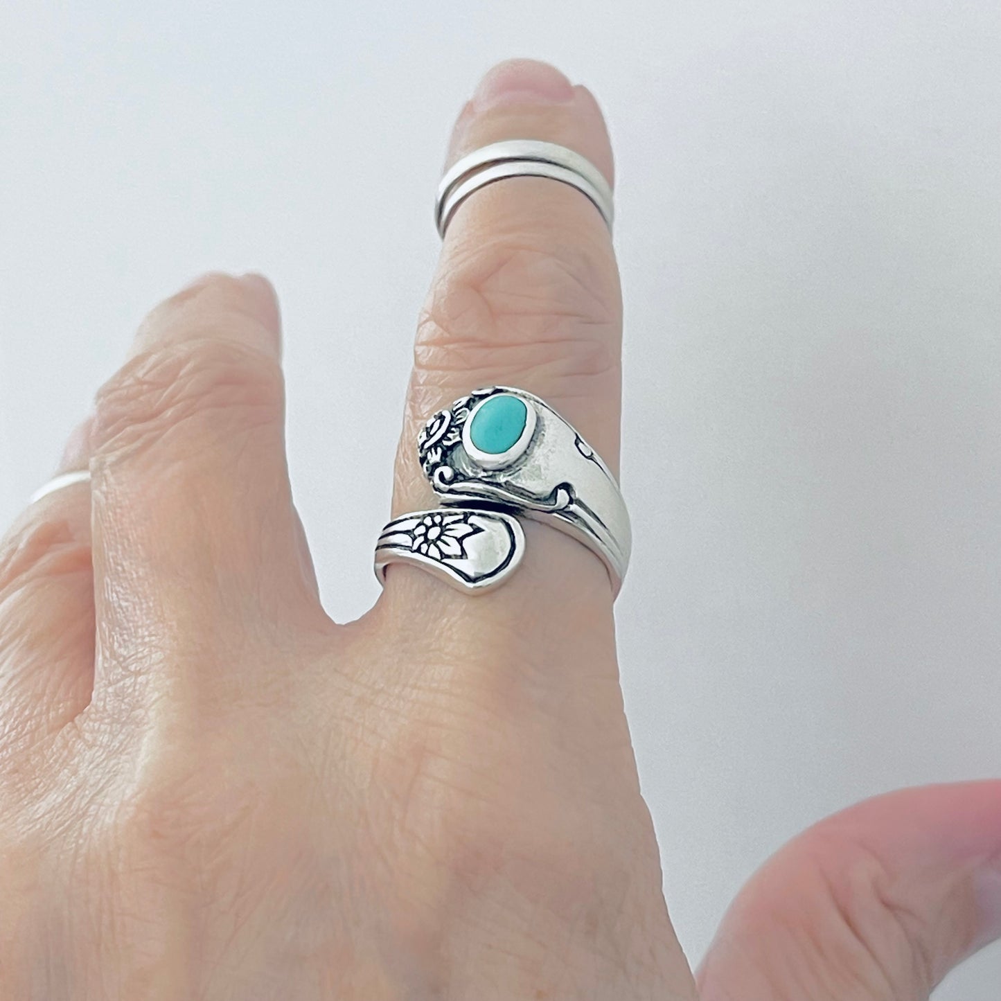Sterling Silver Spoon Style Flower Ring with Turquoise, Statement Stone Silver Rings