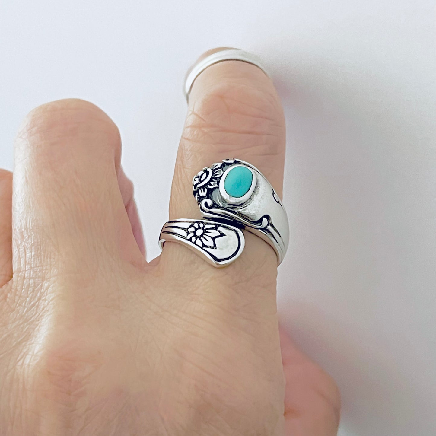 Sterling Silver Spoon Style Flower Ring with Turquoise, Statement Stone Silver Rings