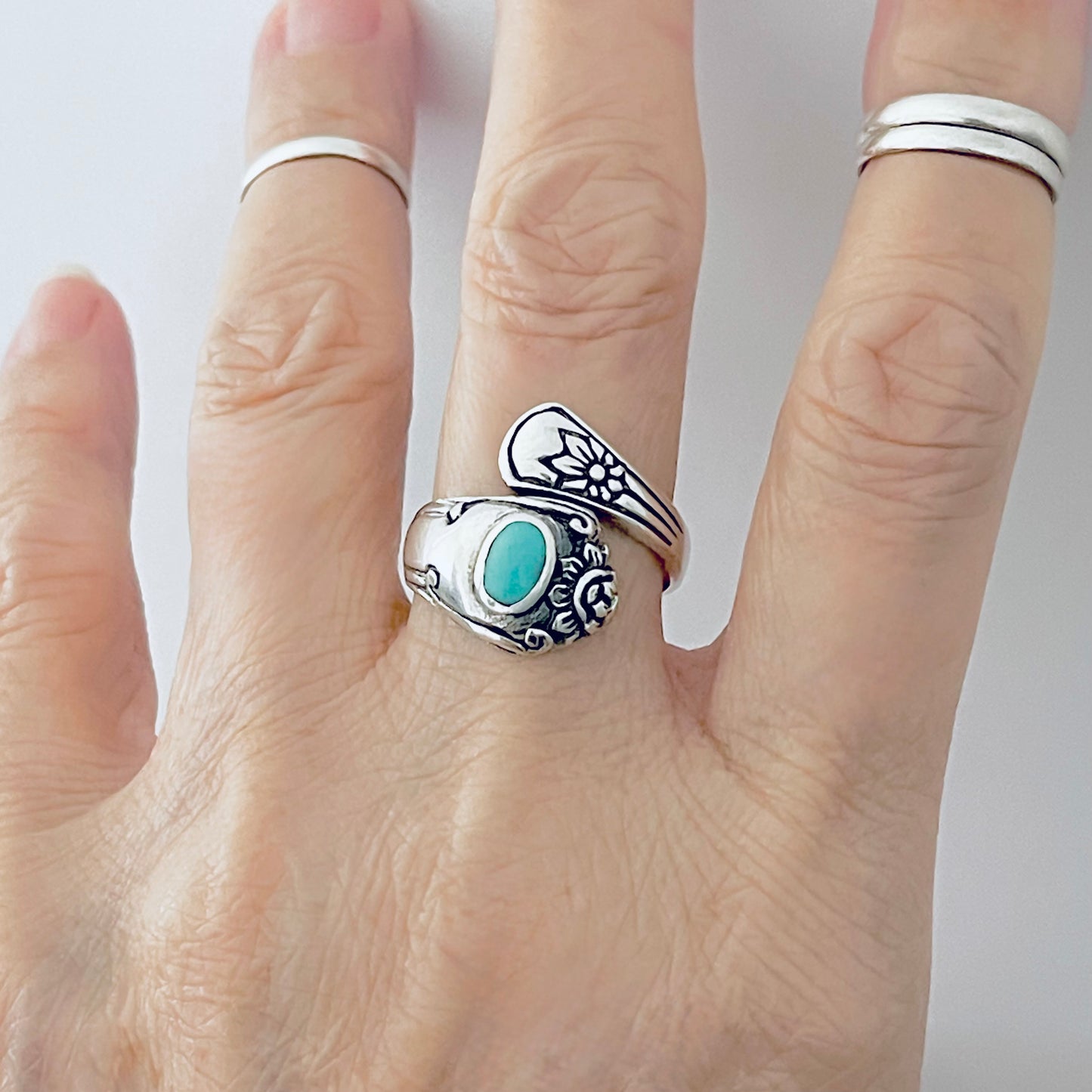 Sterling Silver Spoon Style Flower Ring with Turquoise, Statement Stone Silver Rings