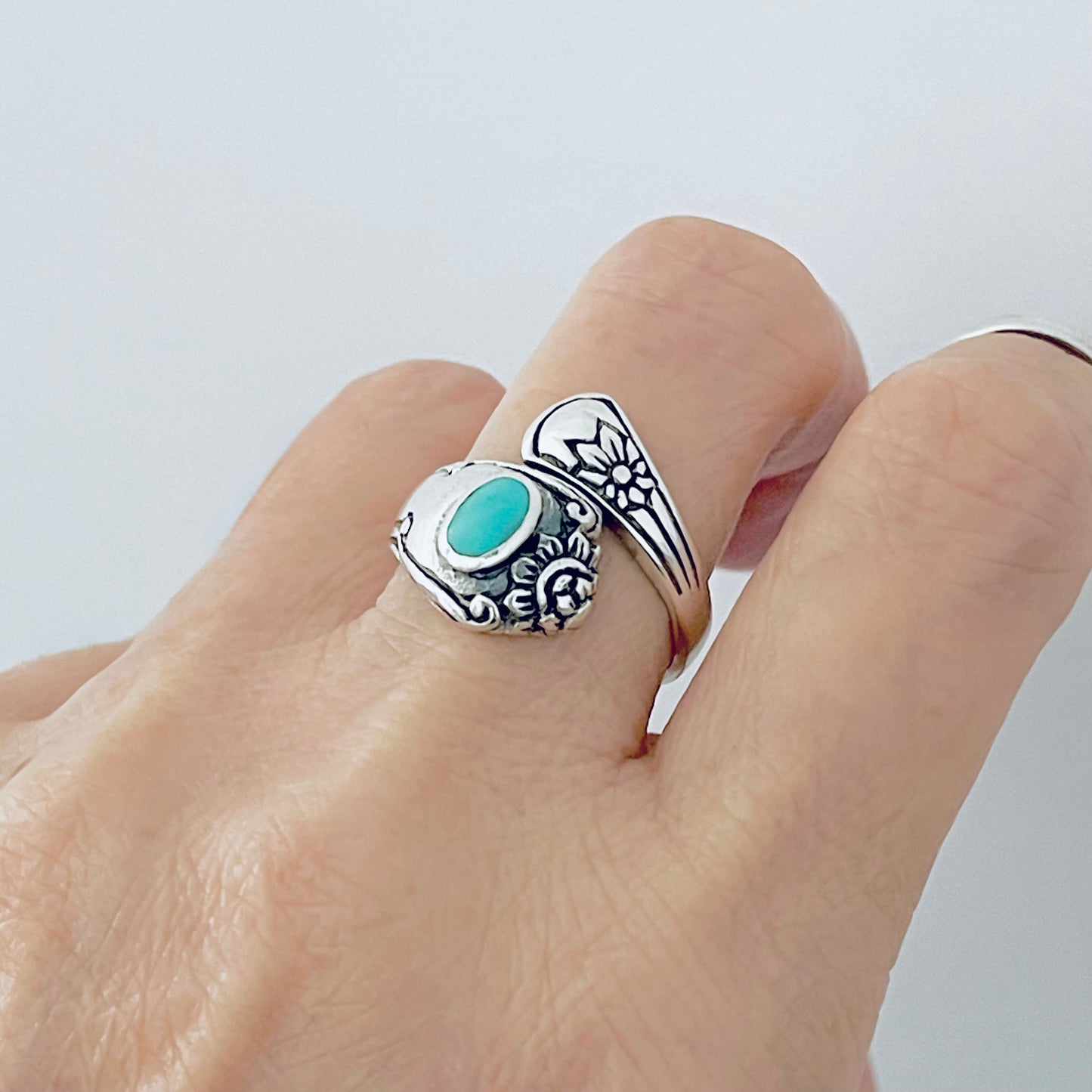 Sterling Silver Spoon Style Flower Ring with Turquoise, Statement Stone Silver Rings